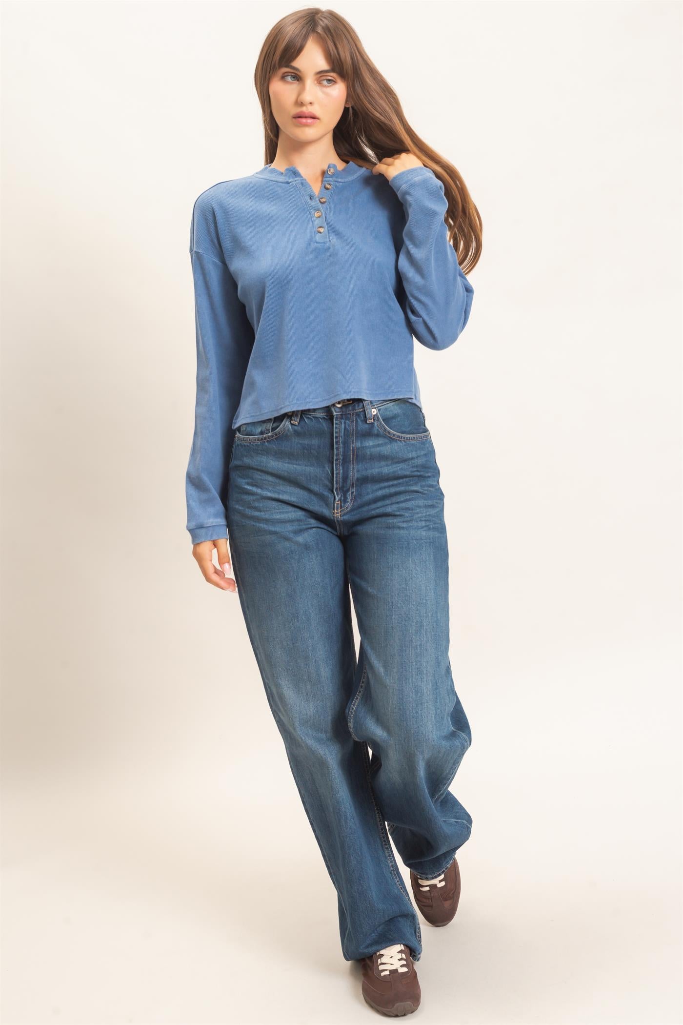 Wholesale Buttoned Henley Top Clothing Tops HF26F081 BLUE HYFVE