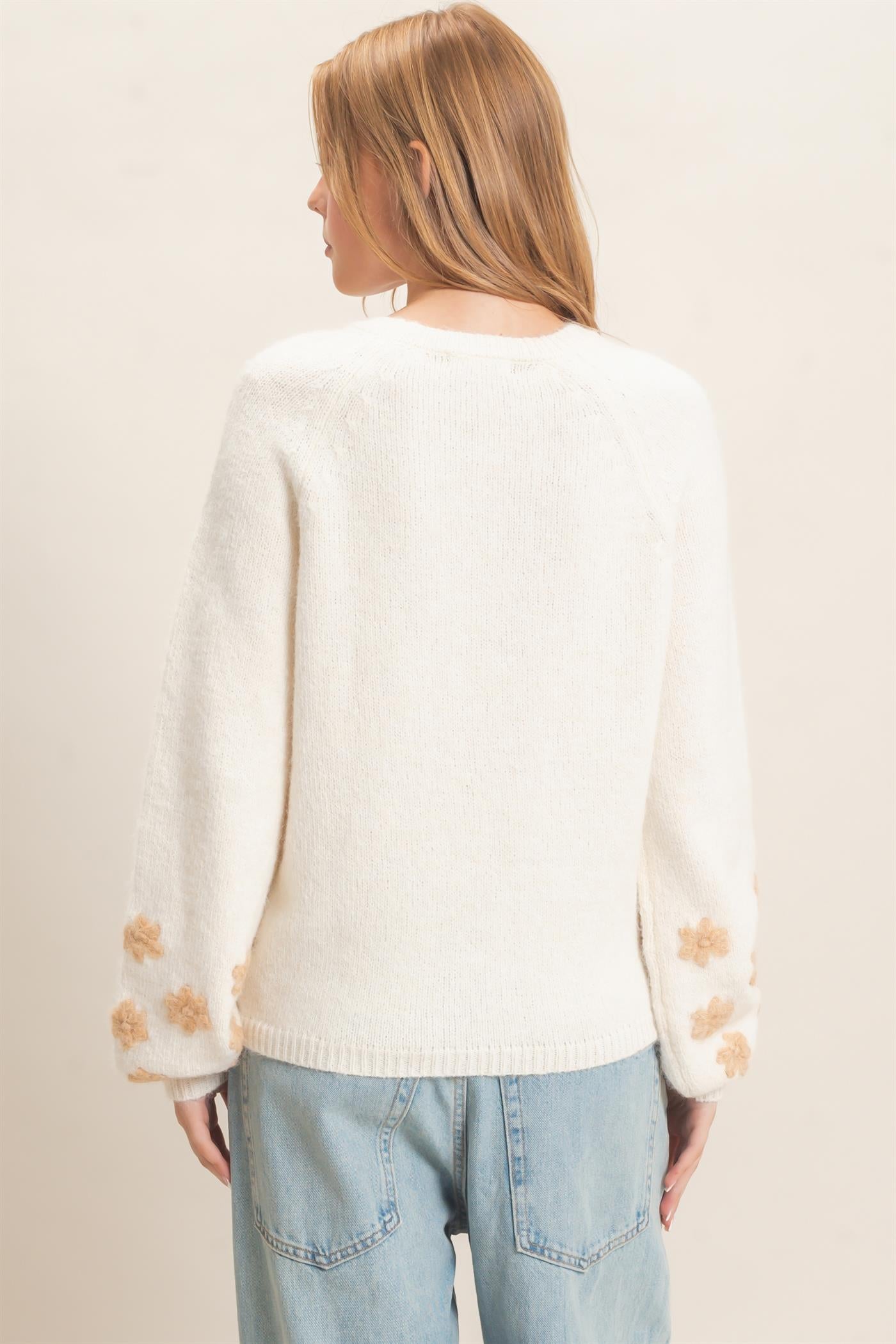 Wholesale Floral Applique Raglan Sleeve Sweater Sweaters HF26E808 CREAM HYFVE