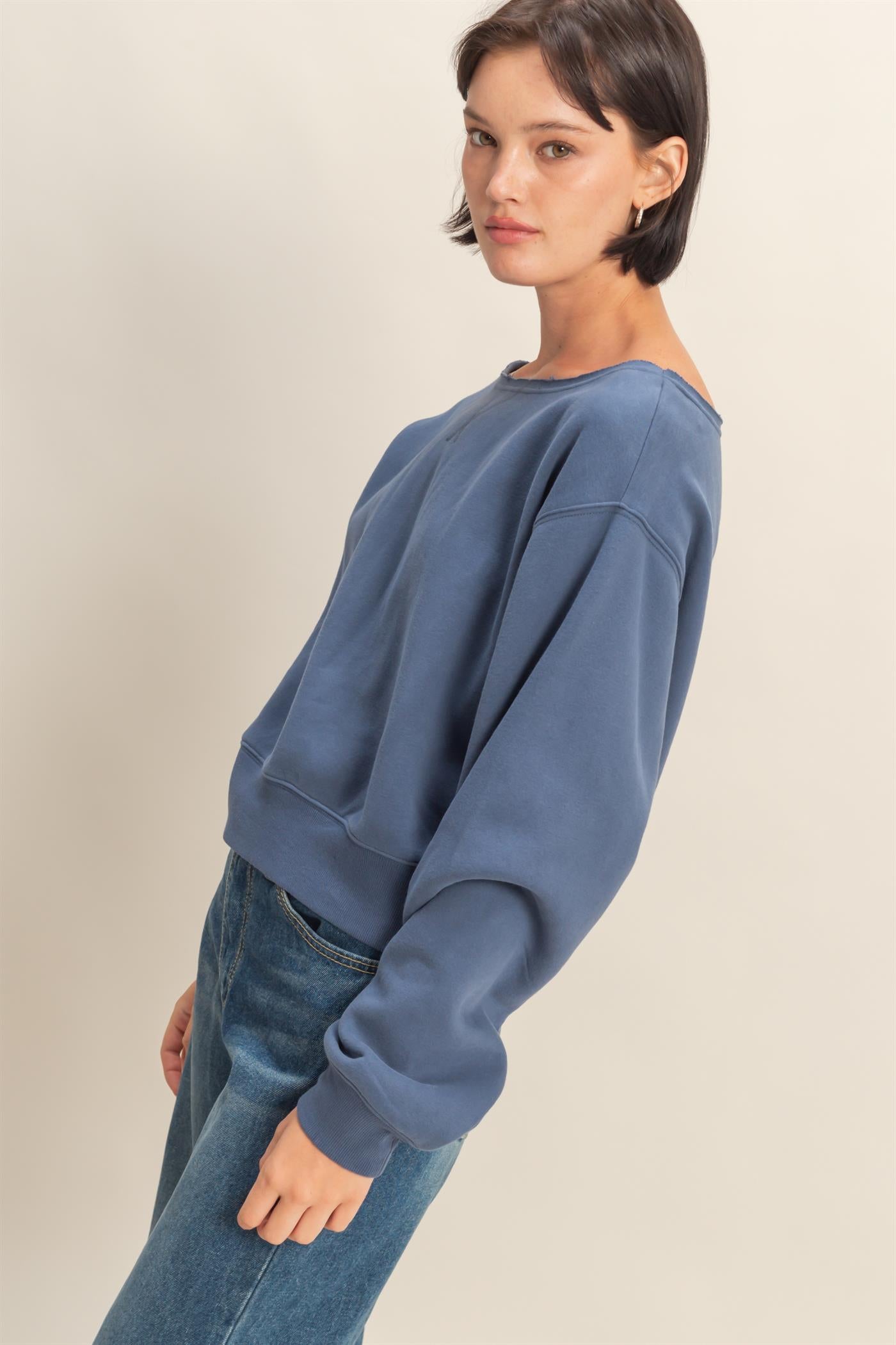 Wholesale Boatneck Long Sleeve Pullover Sweatshirt Sweatshirts DZ25E407 DUSTY NAVY DOUBLE ZERO