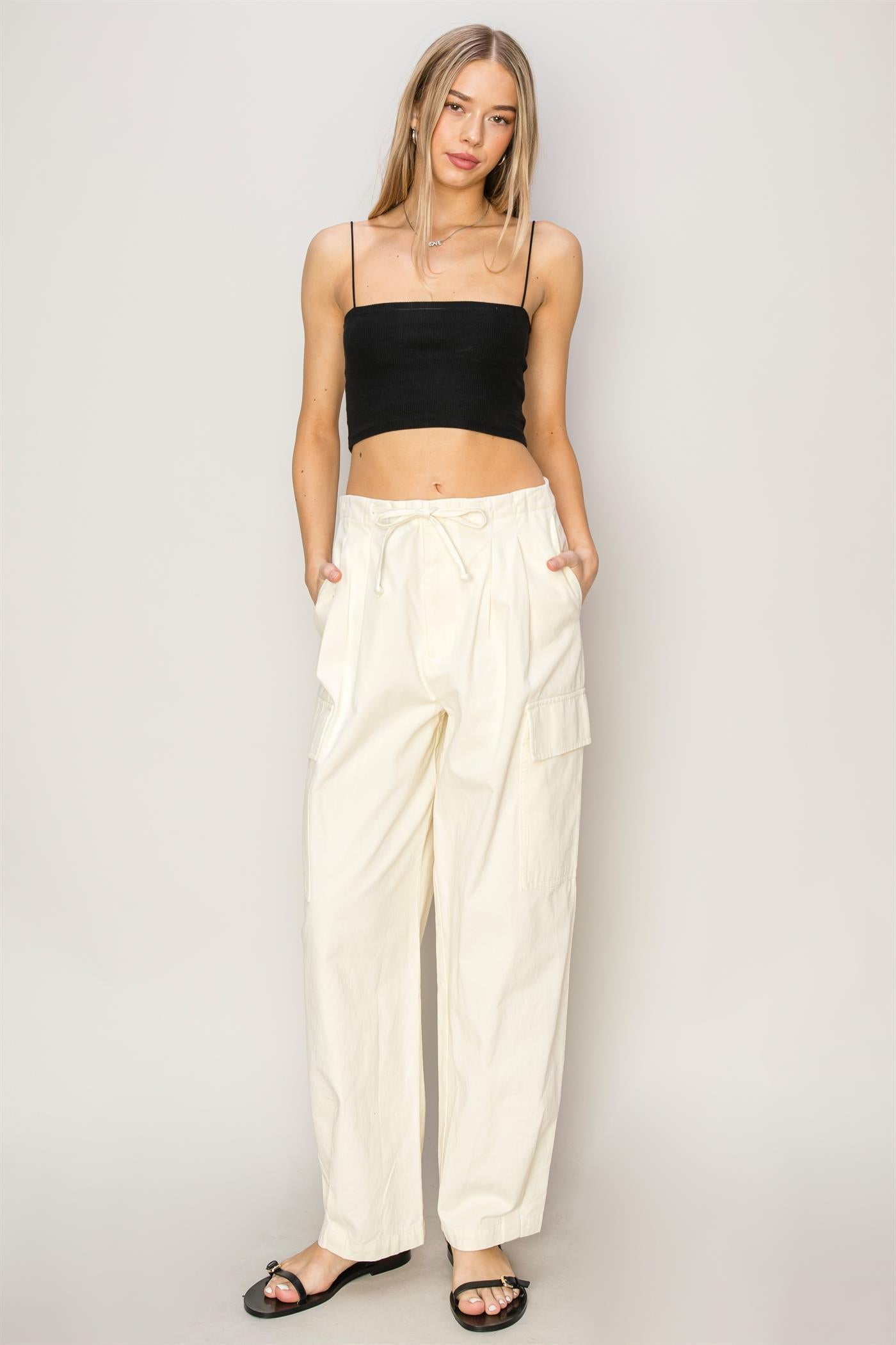 Wholesale High Waist Drawstring Cargo Pants Pants DZ24A650 CREAM DOUBLE ZERO