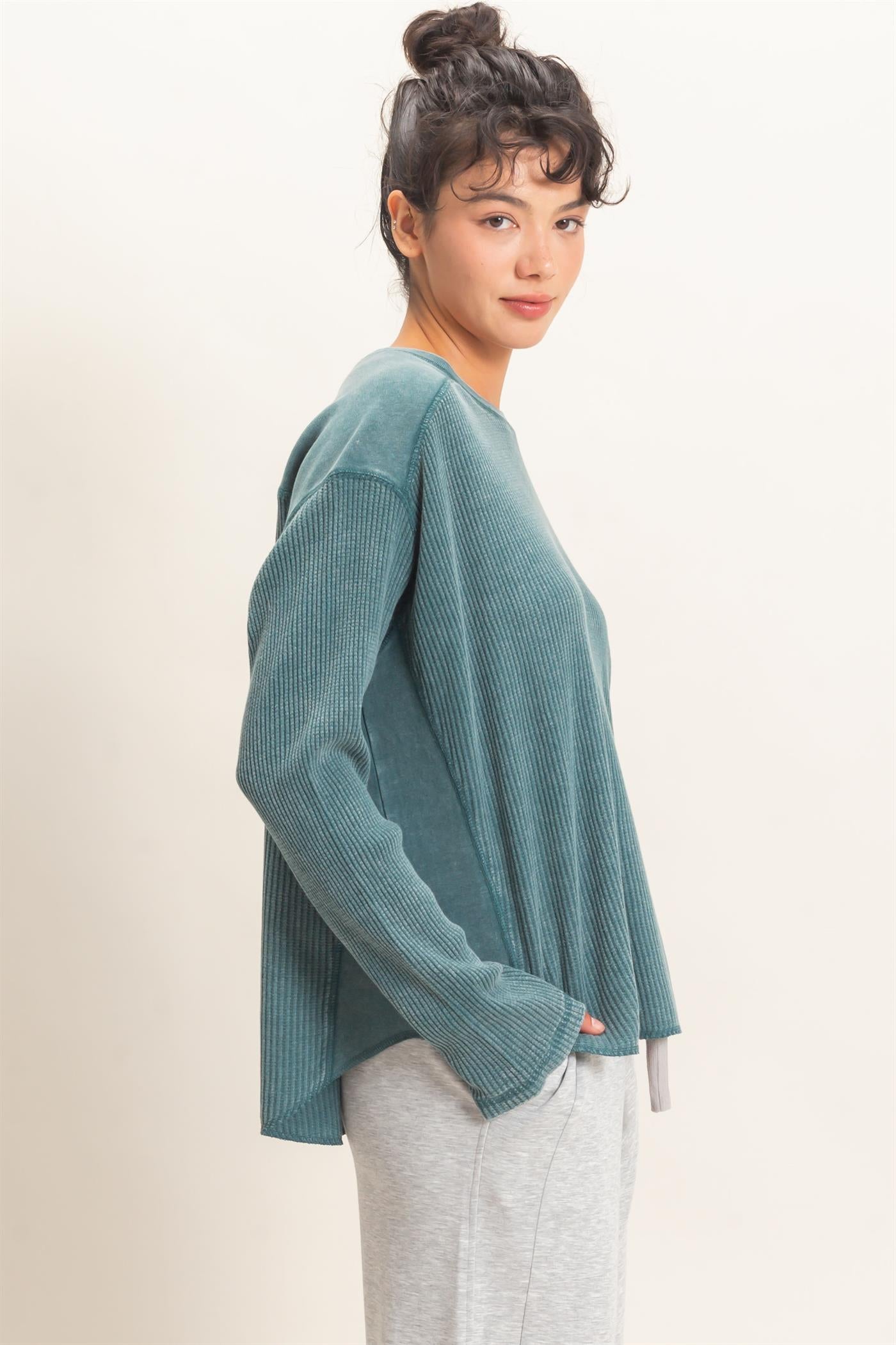 Wholesale Oversized Mineral Washed Waffle Knit Top Clothing Tops DZ26E654 DARK TEAL DOUBLE ZERO