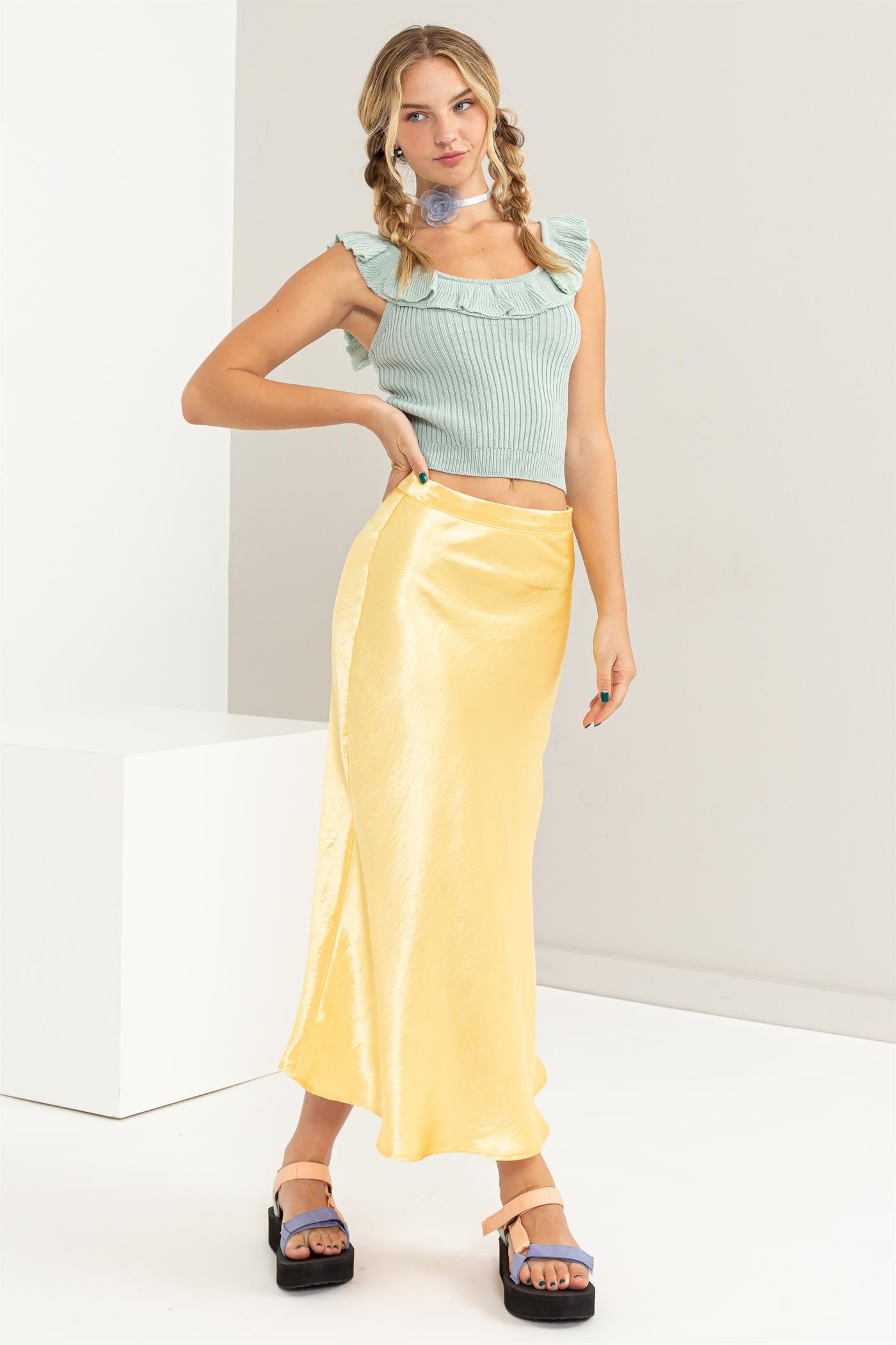 Wholesale Ribbed Ruffle Crop Top Clothing Tops DZ24A505 MINT DOUBLE ZERO