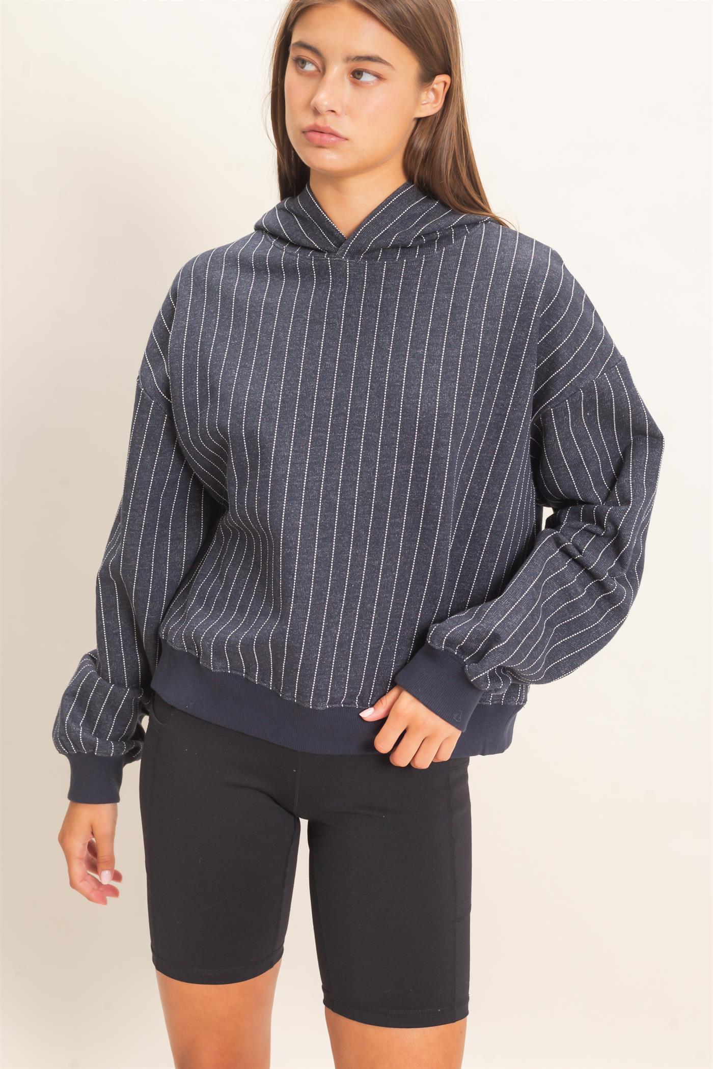 Wholesale Pinstripe French Terry Hoodie Hoodies DZ26E625 NAVY DOUBLE ZERO