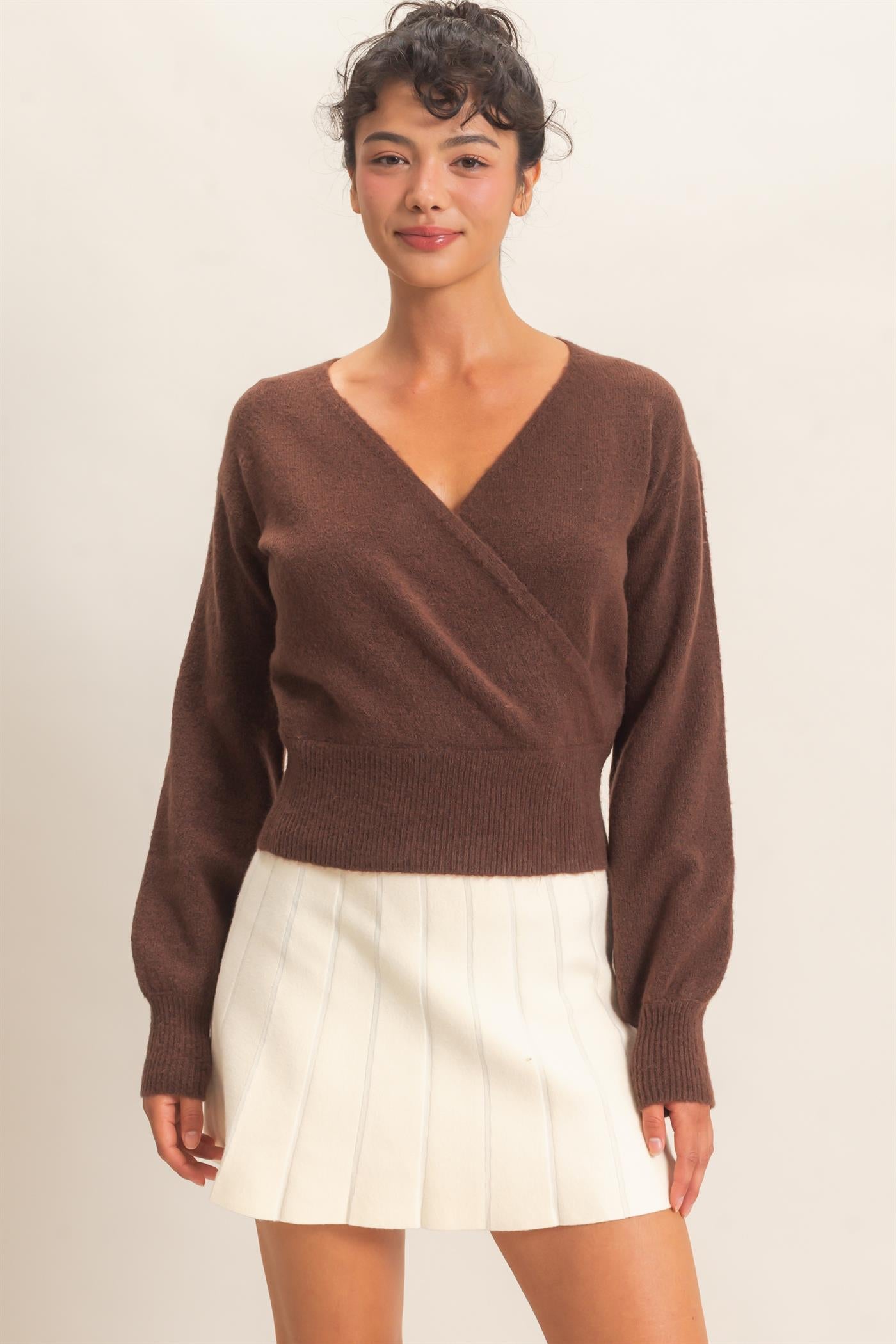 Wholesale Wrap V Neck Sweater Sweaters DZ26E948 DARK BROWN DOUBLE ZERO