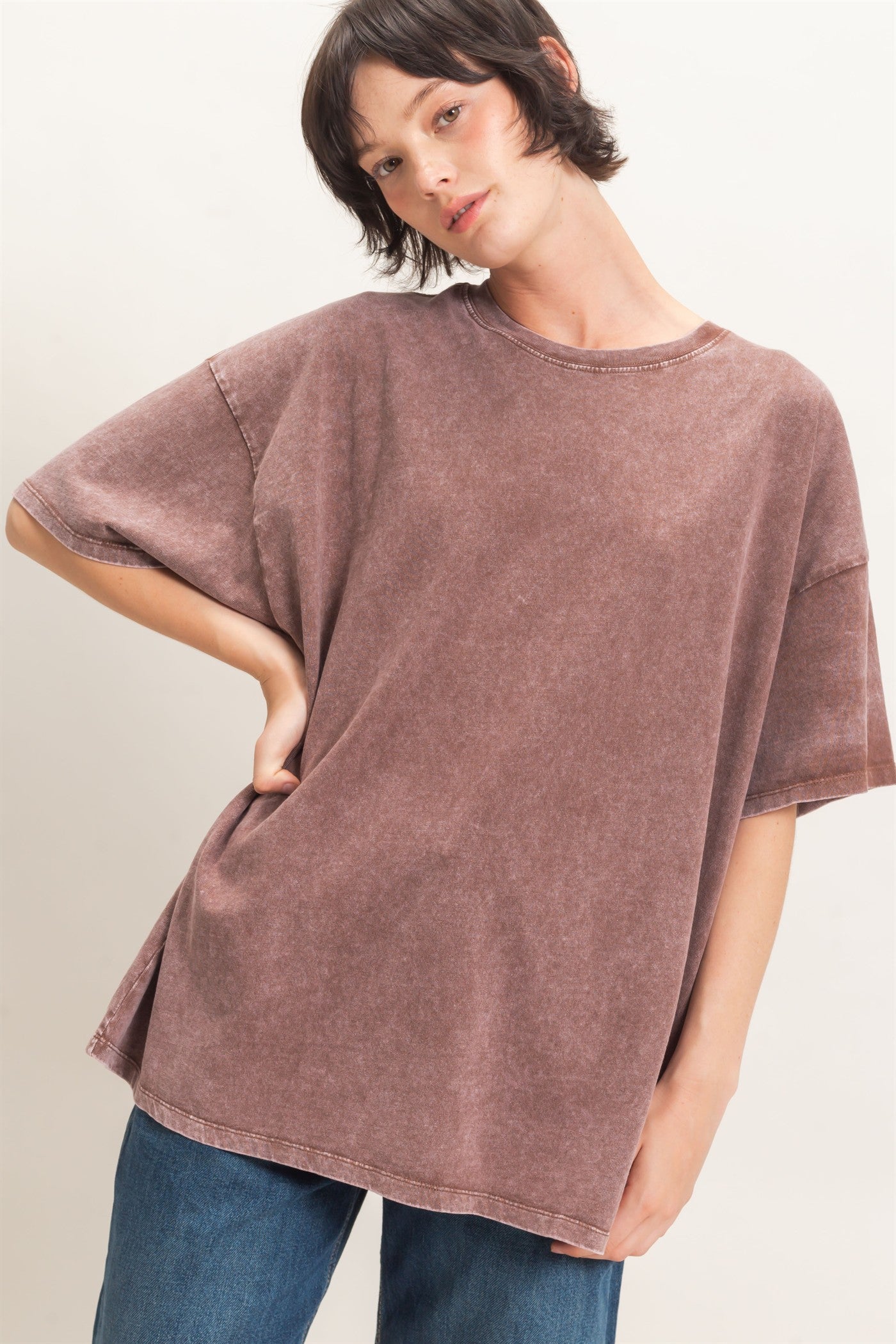 Wholesale Mineral Wash Oversized Crew Neck T-Shirts Clothing Tops DZ26C961 DARK BROWN DOUBLE ZERO