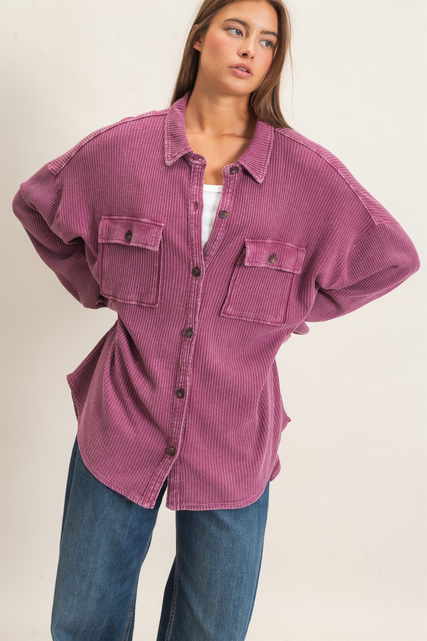 Wholesale Mineral Wash Waffle Knit Button-Up Shacket Coats & Jackets DZ26E249 DARK CHERRY DOUBLE ZERO