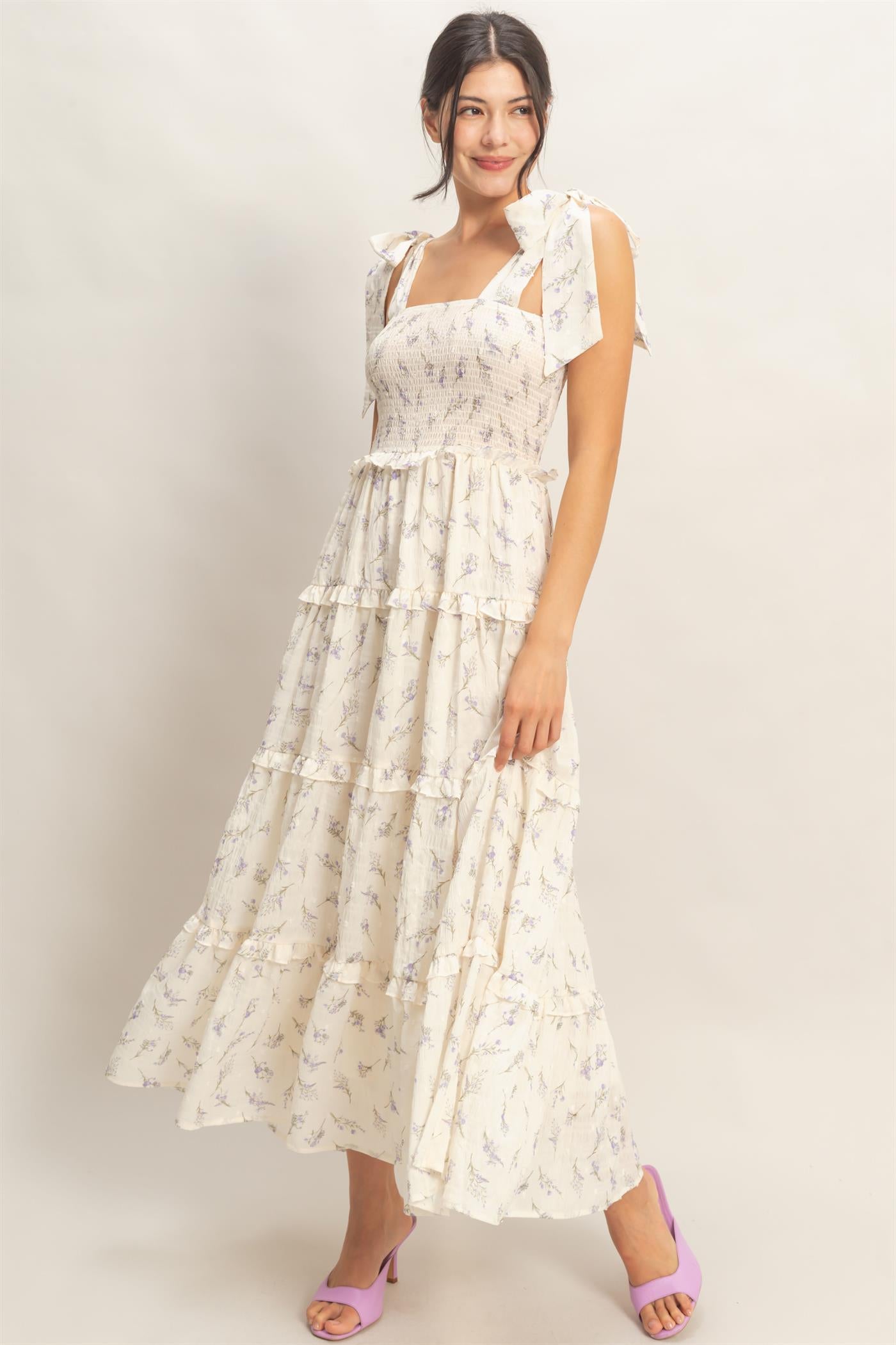 Wholesale Floral Tiered Maxi Dress Dresses HF26A156 PURPLE HYFVE