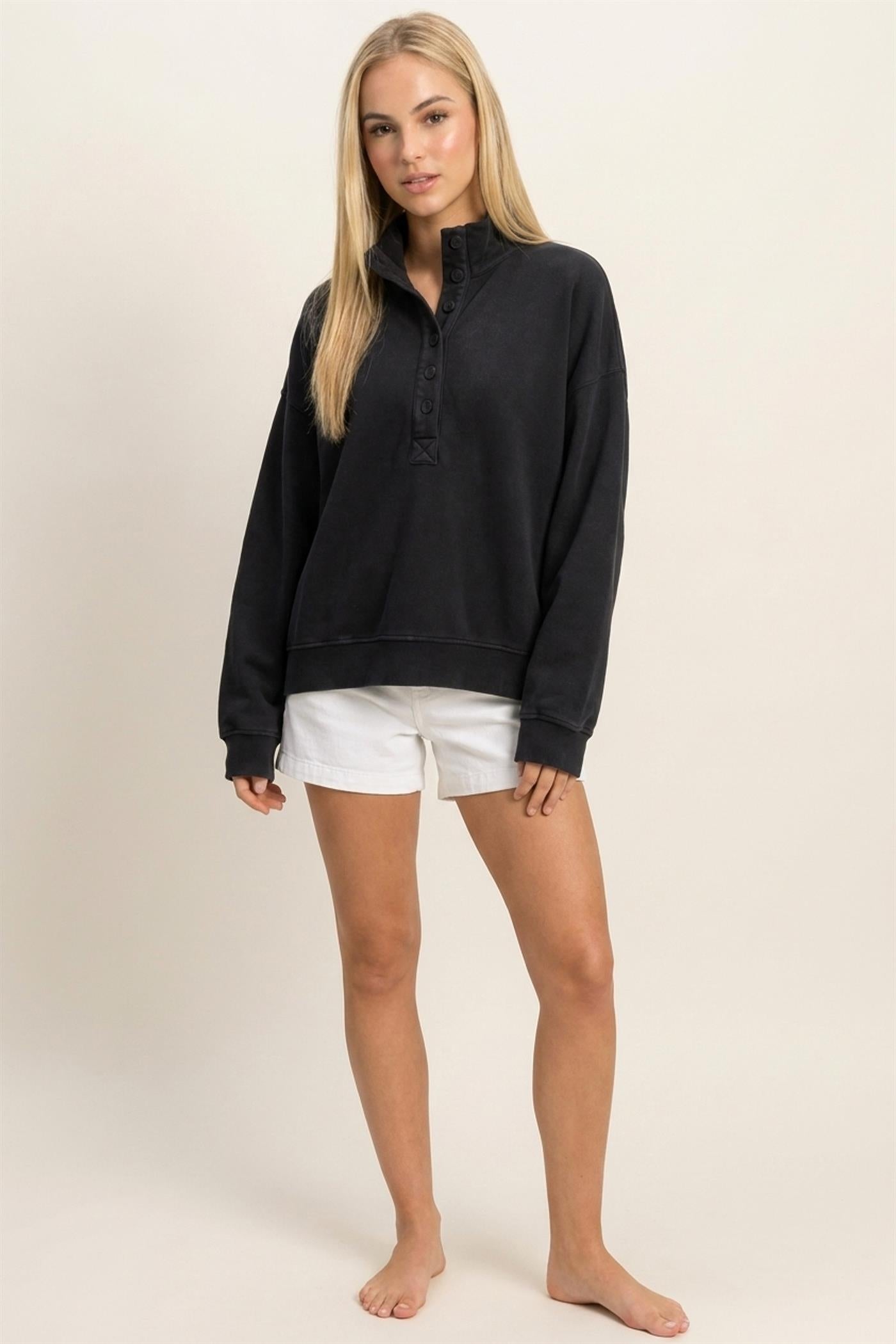 Wholesale Mineral Wash Button Front Sweatshirt Sweatshirts DZ26C909 BLACK DOUBLE ZERO