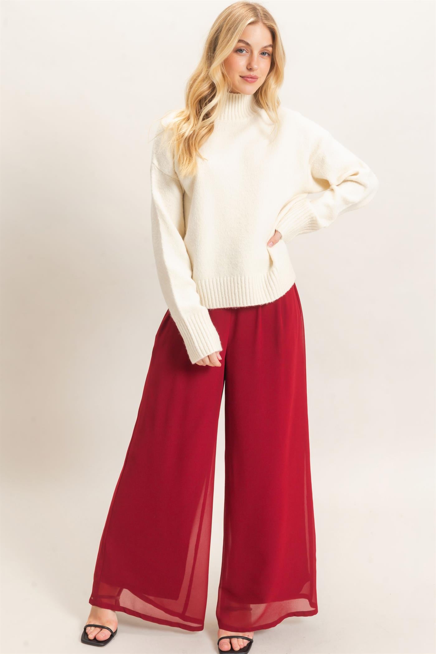 Wholesale Wide-Leg High Waist Pants Pants HF26F068-D BURGUNDY HYFVE
