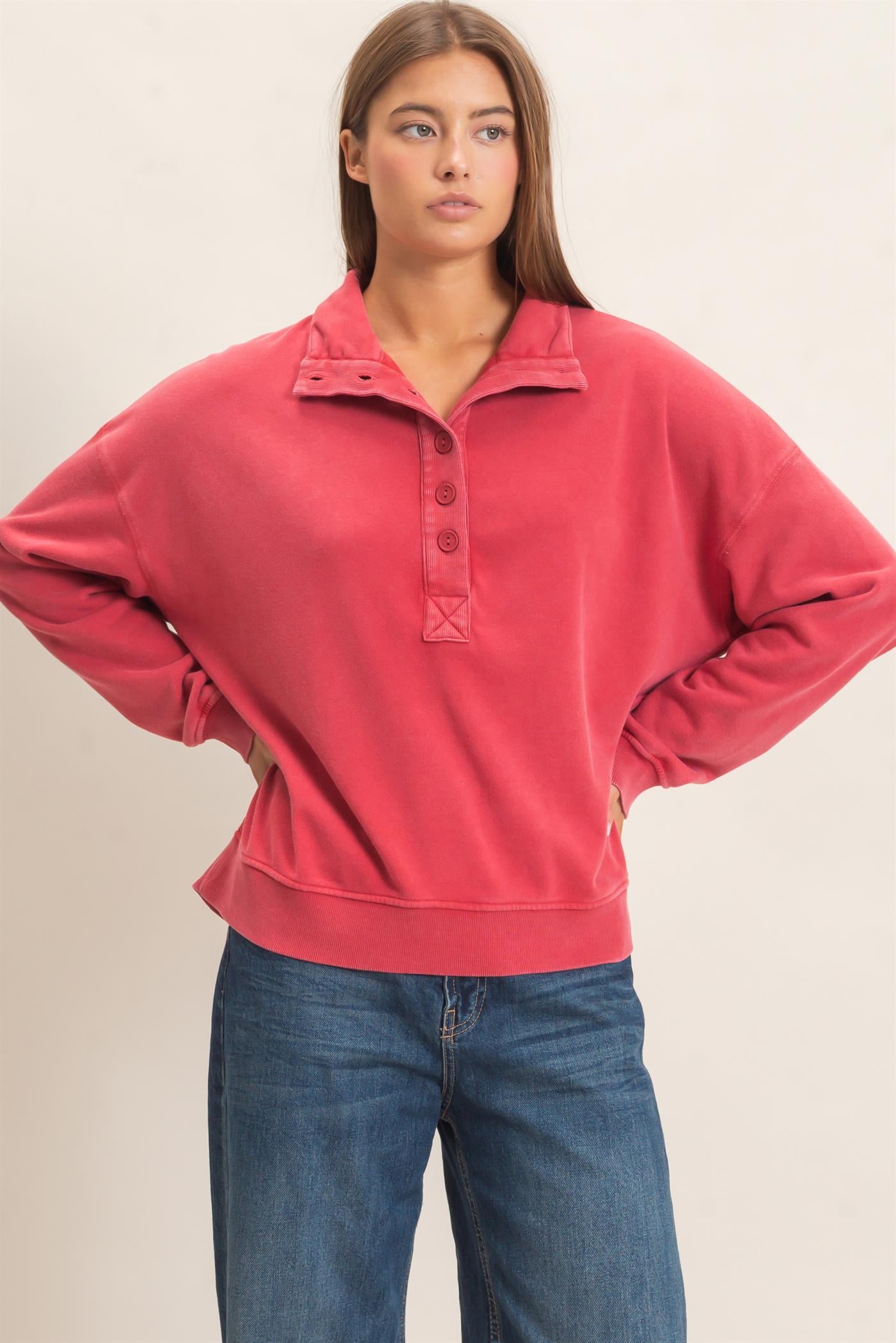 Wholesale Mineral Wash Button Front Sweatshirt Sweatshirts DZ26C909 DARK RED DOUBLE ZERO