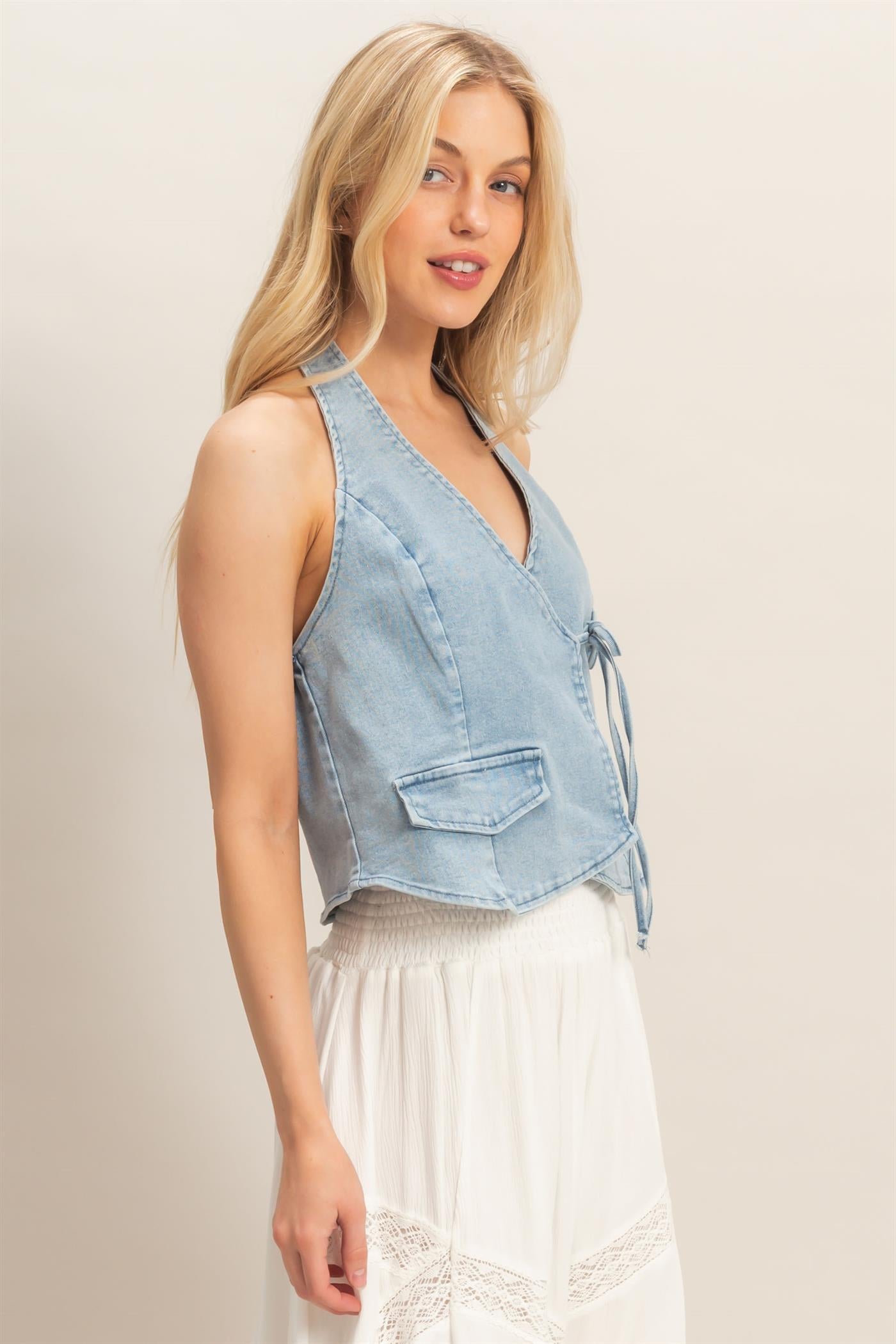 Wholesale Denim Halter Wrap Top Clothing Tops HF26C565 LIGHT BLUE HYFVE