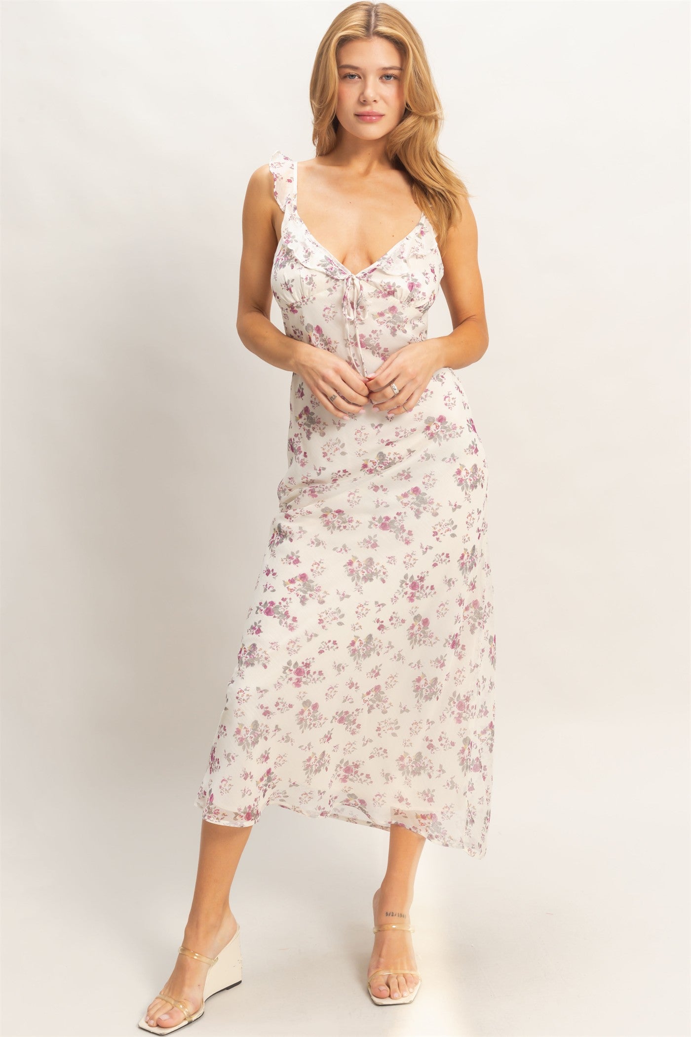 Wholesale Floral Ruffle Strap Midi Dress Dresses HF26E344 ROSE WINE HYFVE