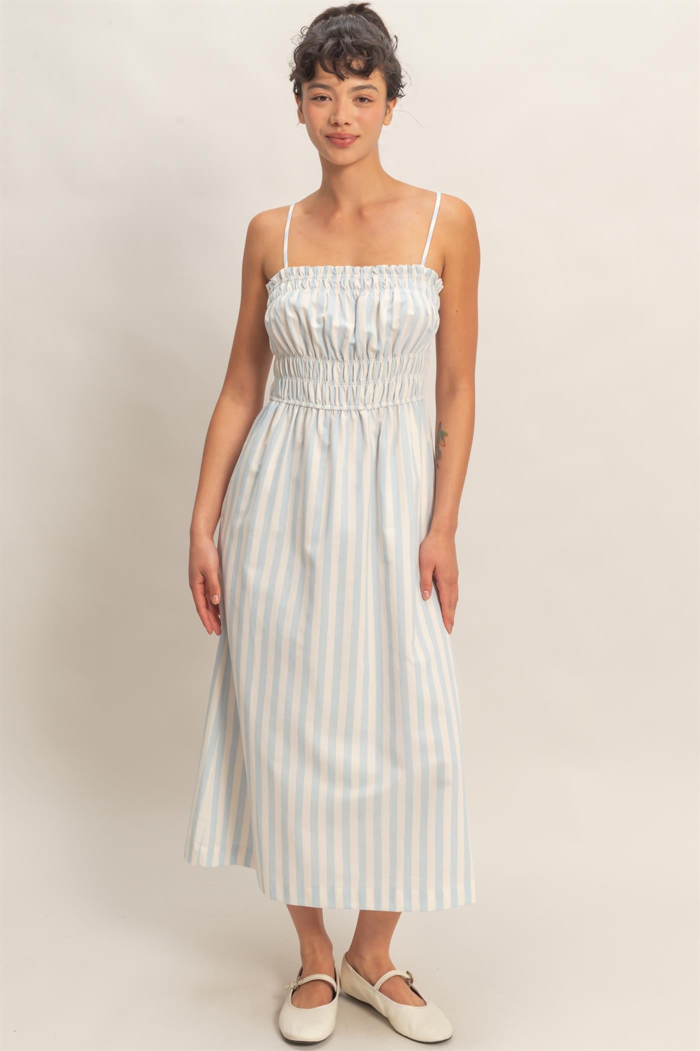 Wholesale Striped Spaghetti Strap Smocking Midi Dress Dresses DZ26C191 BLUE DOUBLE ZERO