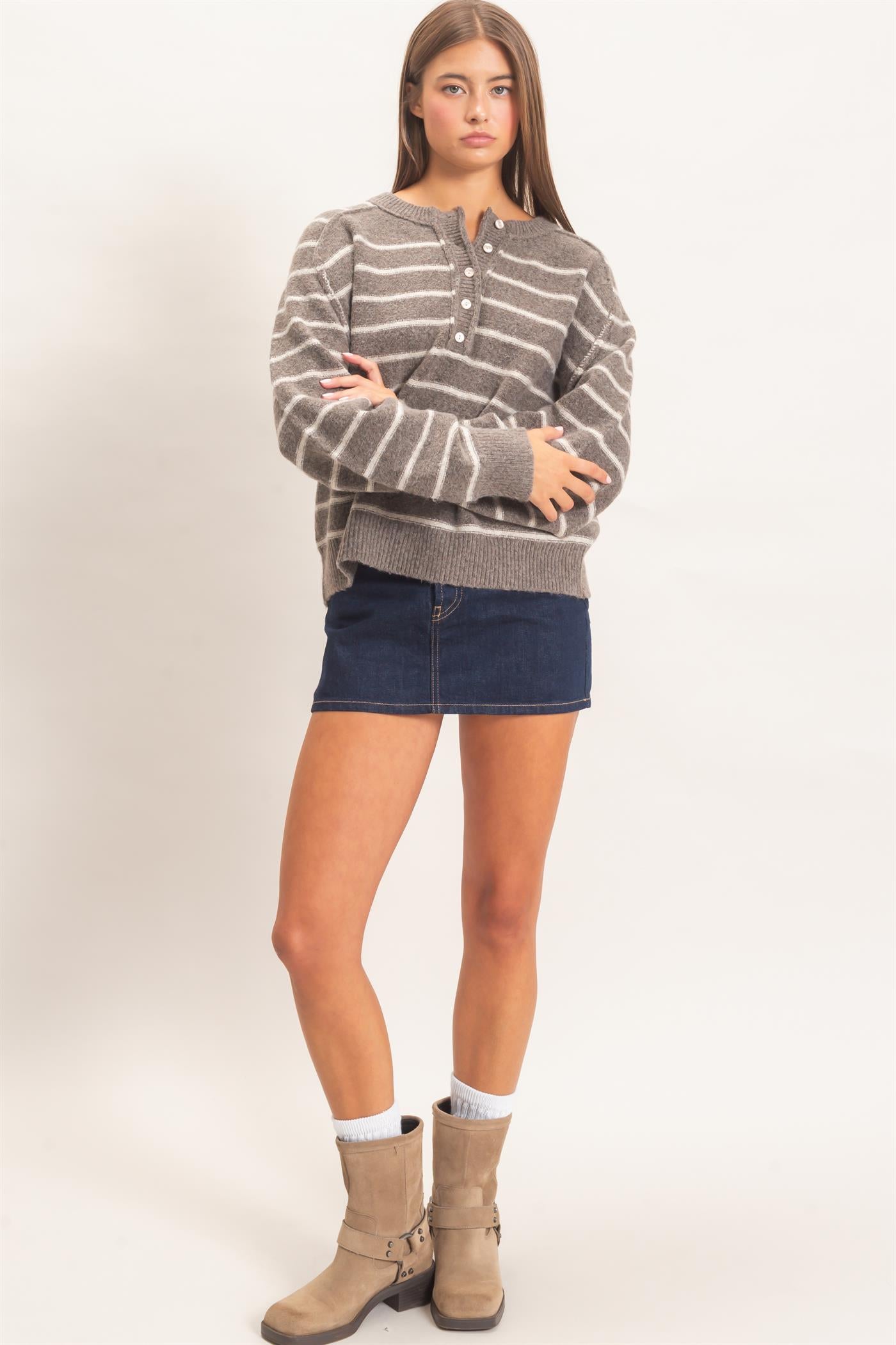 Wholesale Stripe Henley Sweater Sweaters DZ26F002 ASH BROWN DOUBLE ZERO