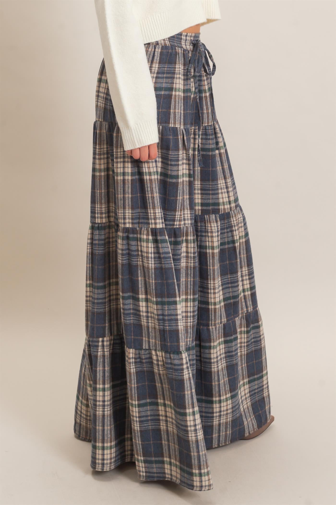 Wholesale Tiered Plaid Wide-Leg Pants Pants HF26E042 BLUE HYFVE