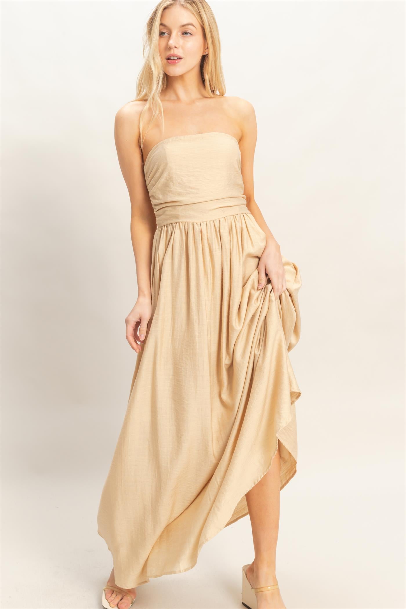 Wholesale Strapless Tie-Back Smocked Dress Dresses HF26C750 LIGHT BEIGE HYFVE