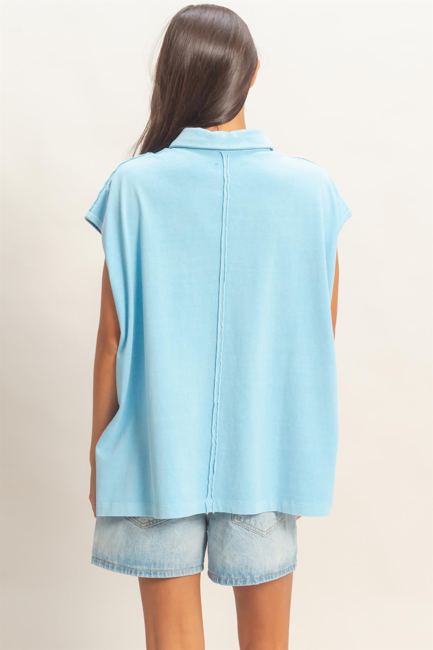 Wholesale Pigment Dye Sleeveless Polo Oversized Top Clothing Tops DZ26C618 BLUE DOUBLE ZERO