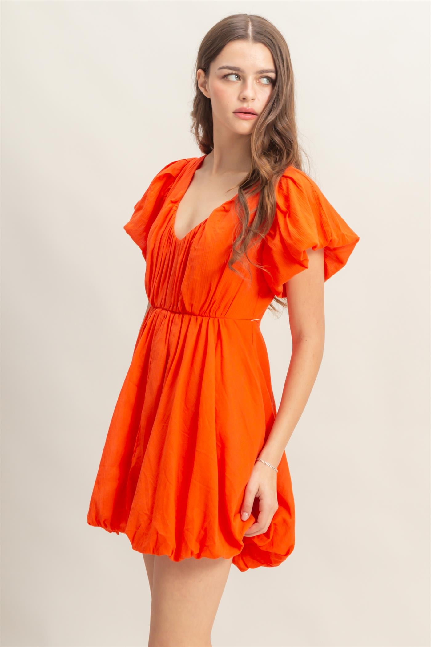 Wholesale V-Neck Puff Sleeve Flowy Mini Dress Dresses HF25A226 RED HYFVE