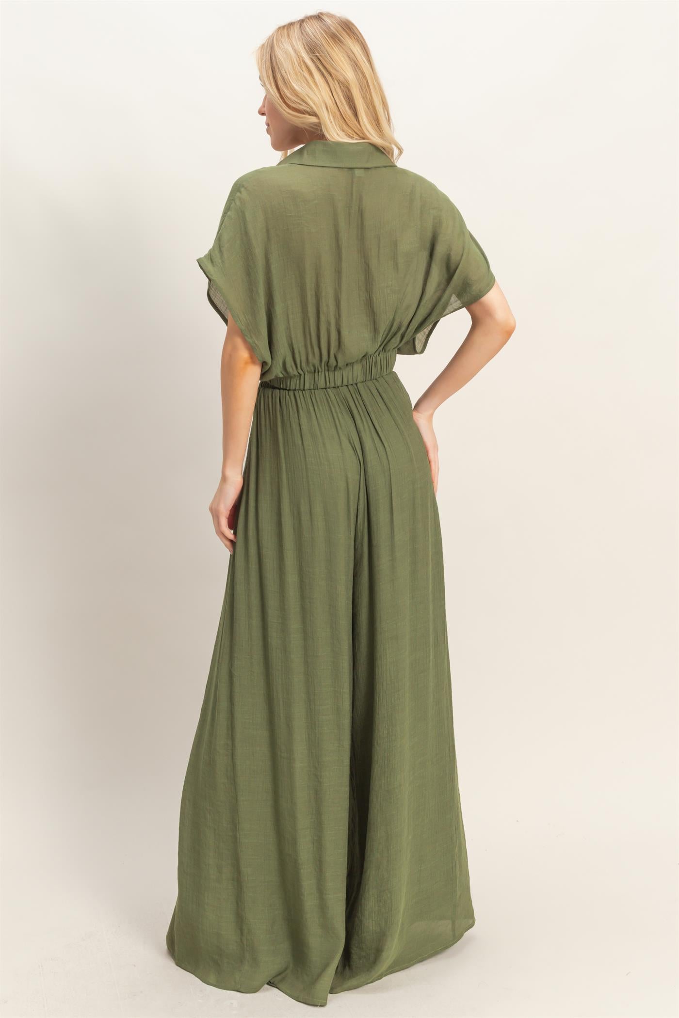 Wholesale Collared Wrap Top & Wide-Leg Pants Set Clothing HF26C286-SET-D OLIVE HYFVE
