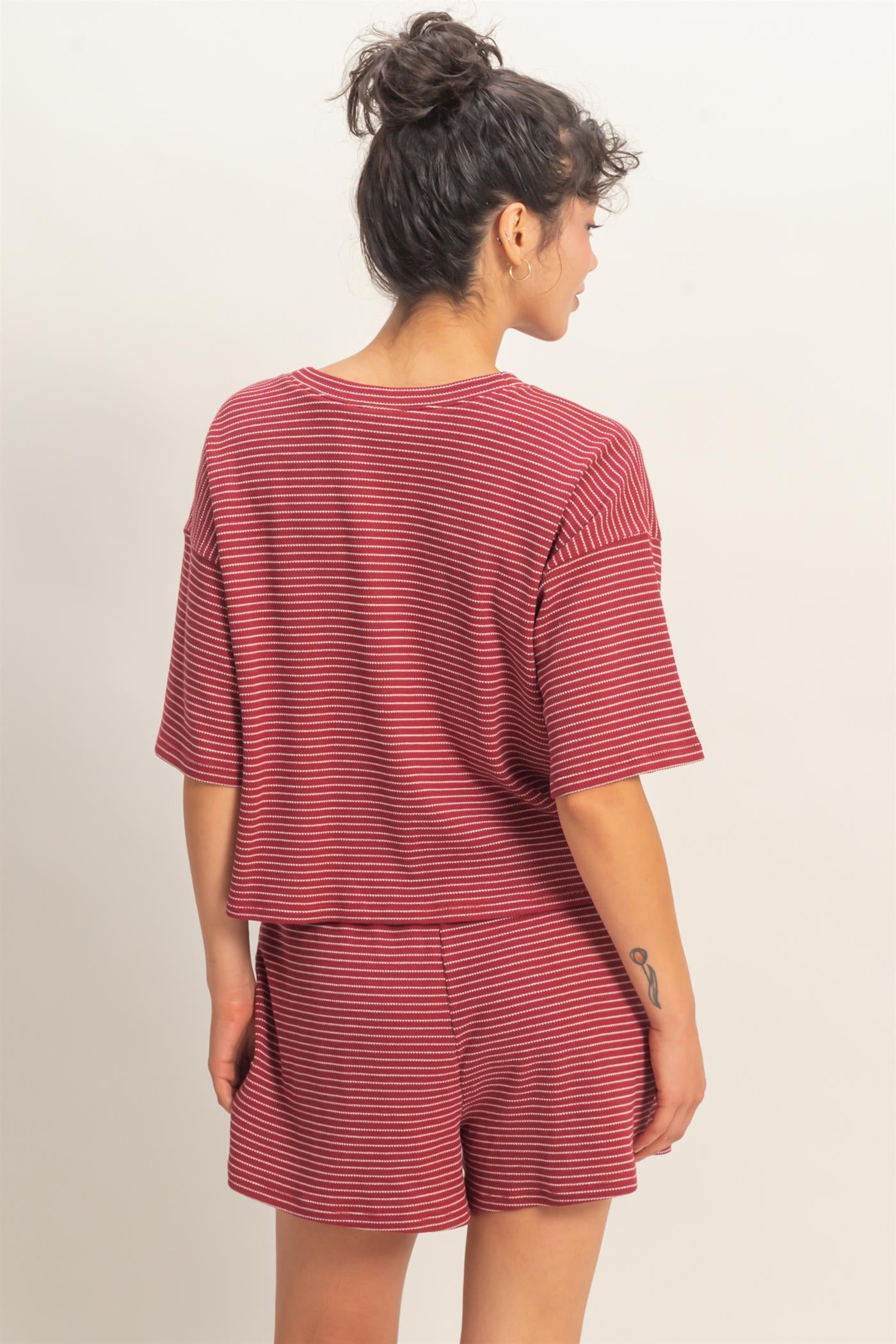 Wholesale Striped Round Neck Top & Shorts Set Clothing DZ26A045-SET DARK RED DOUBLE ZERO