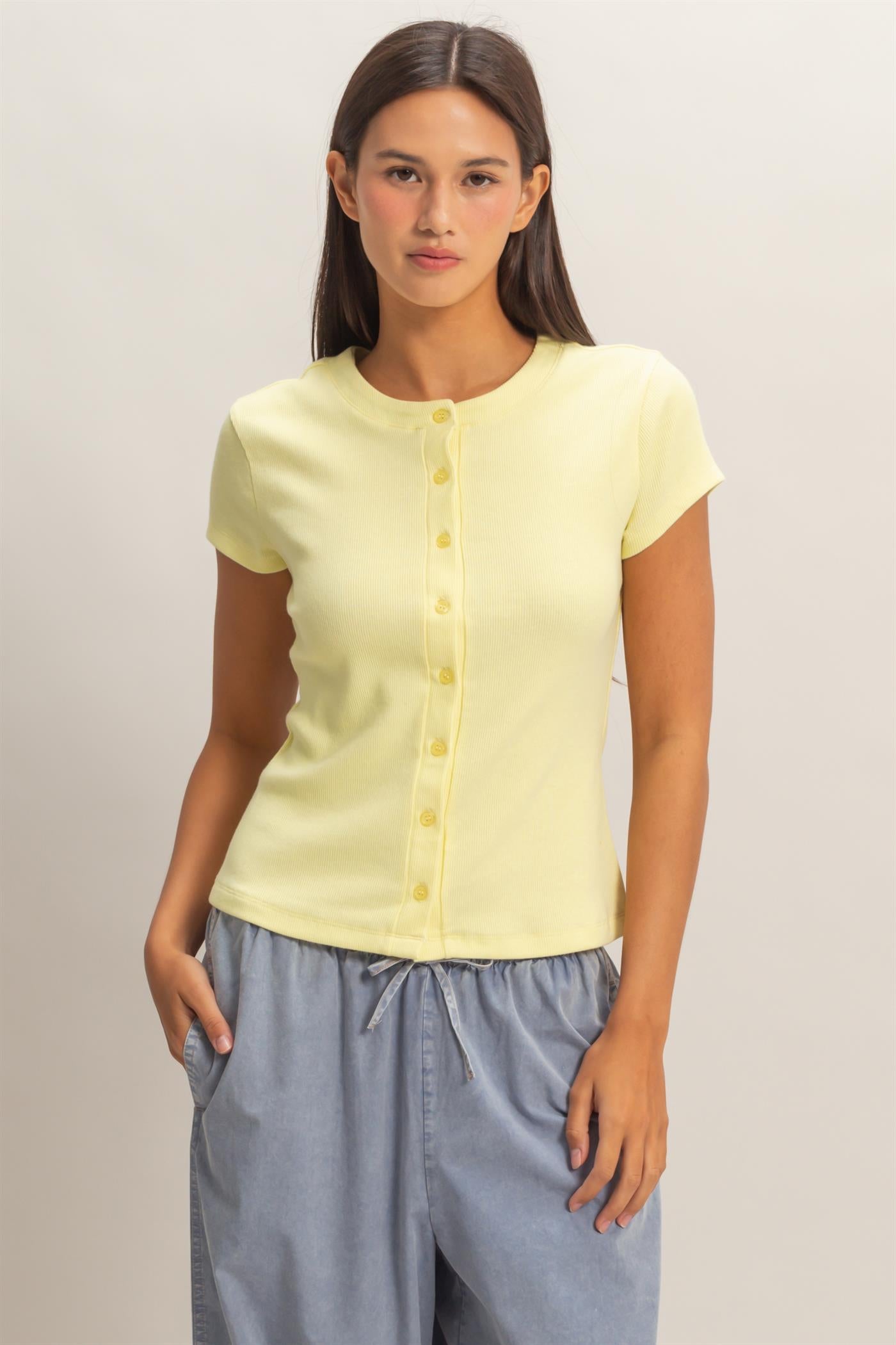 Wholesale Ribbed Button-Front Crew Neck Top Clothing Tops DZ26A727 PALE YELLOW DOUBLE ZERO