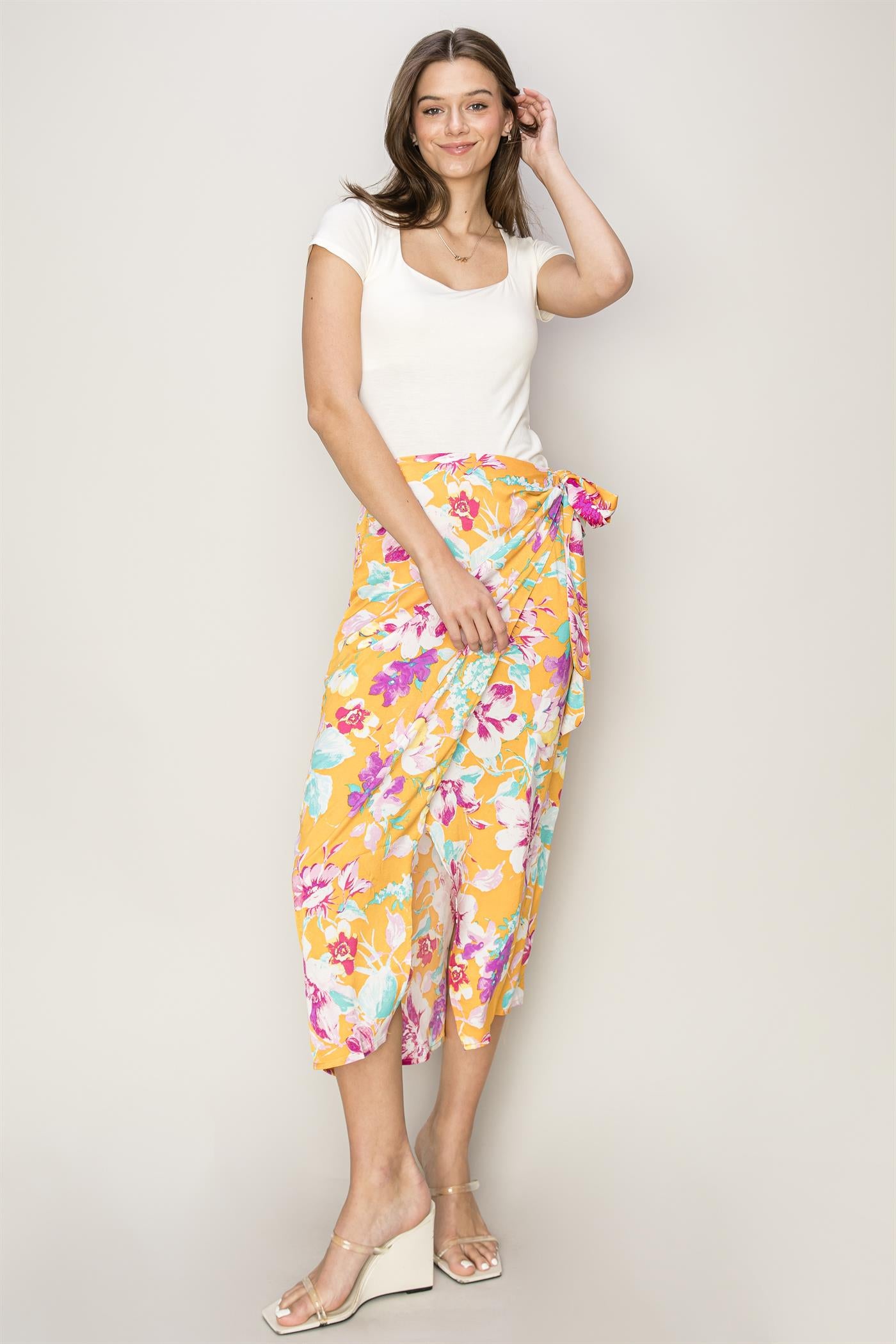 Wholesale Floral Print Wrap And Tie Skirt Skirts HF24A386 ORANGE HYFVE