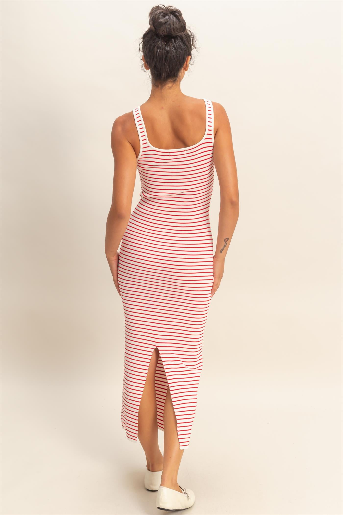 Wholesale Striped Bodycon Midi Dress With Back Slit Dresses DZ26C340 RED DOUBLE ZERO