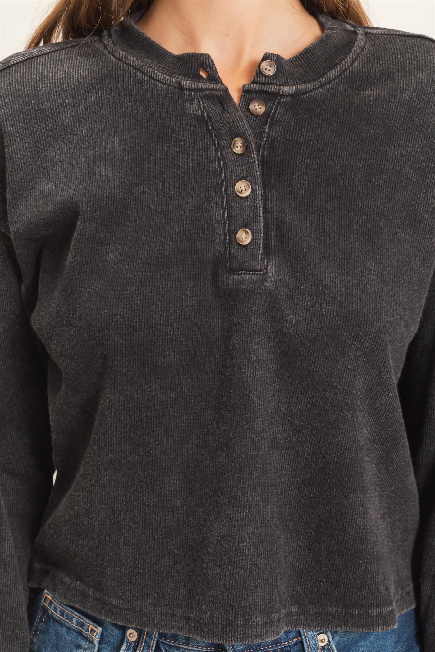 Wholesale Buttoned Henley Top Clothing Tops HF26F081 BLACK HYFVE