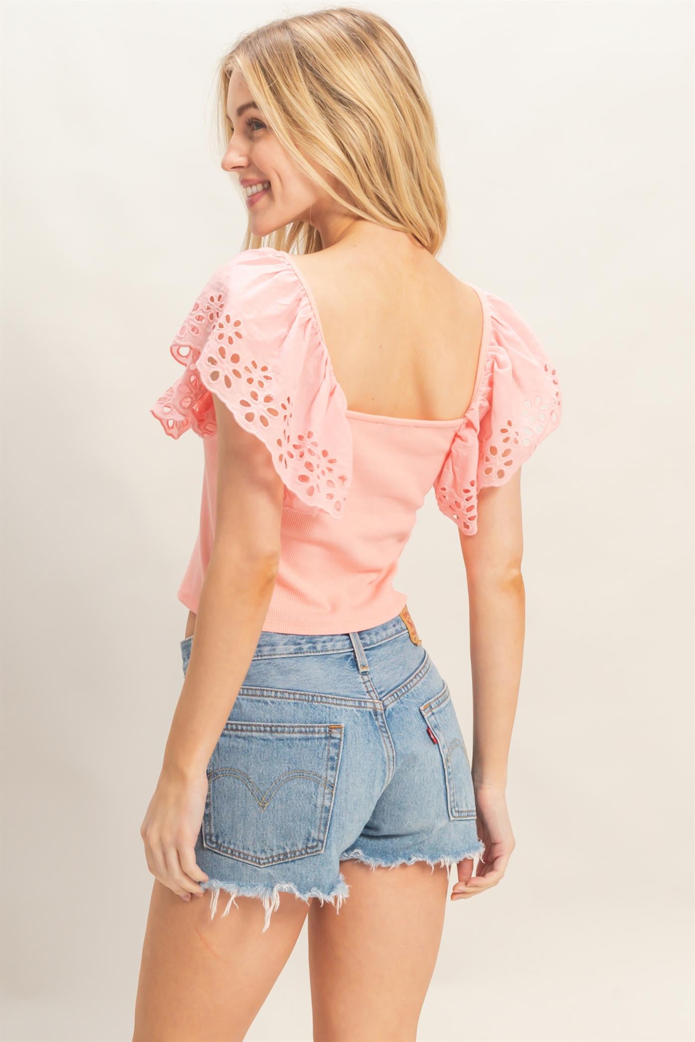 Wholesale Square Neck Eyelet Sleeve Top Clothing Tops HF26A623 PINK HYFVE