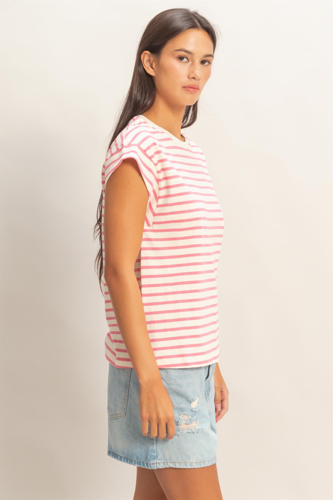 Wholesale Striped Cap Sleeve Relaxed Everyday Tee Clothing Tops DZ26C059 PINK DOUBLE ZERO