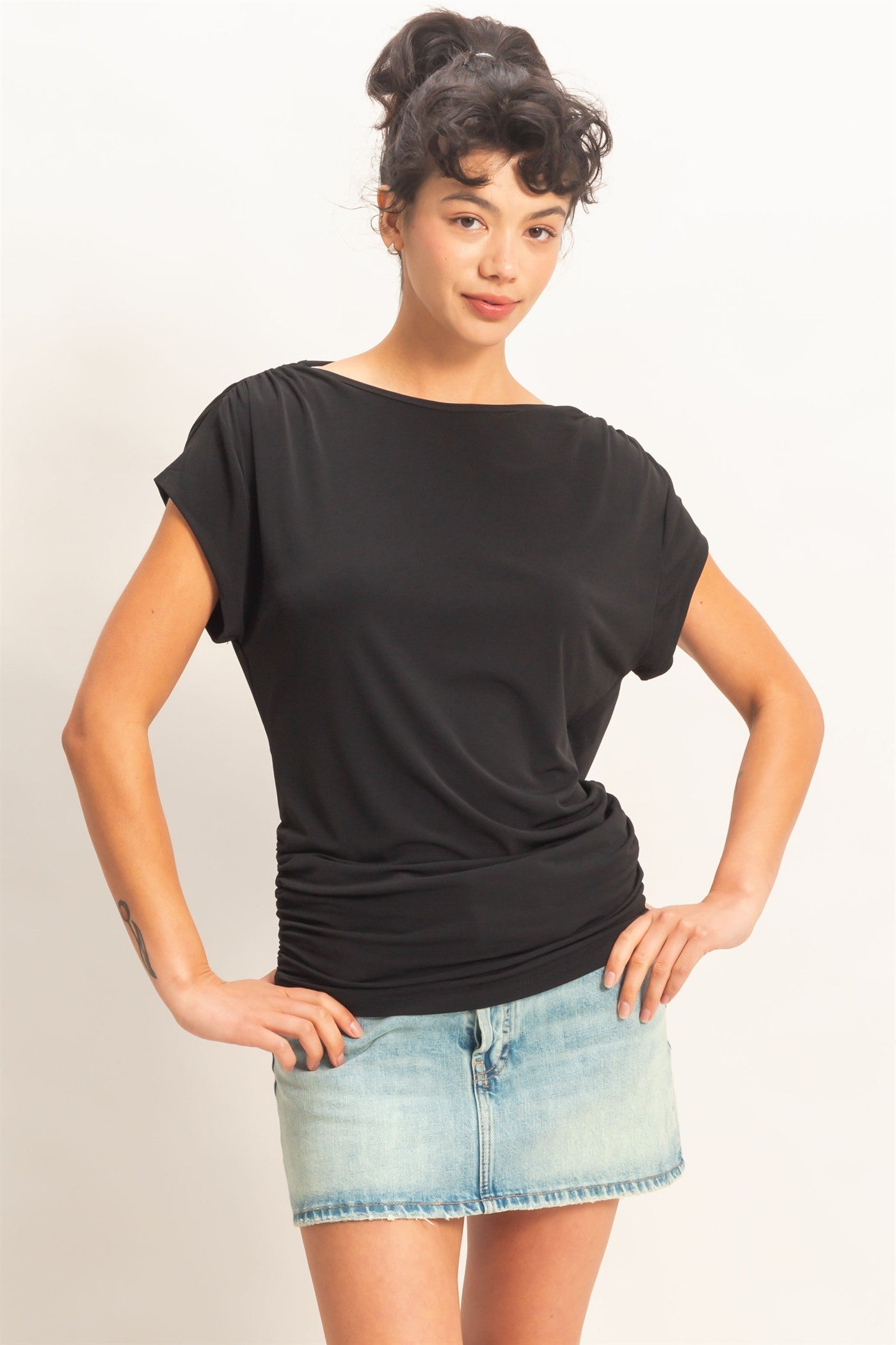 Wholesale Cowl Back Draped Cap Sleeve Top Clothing Tops DZ26C025 BLACK DOUBLE ZERO