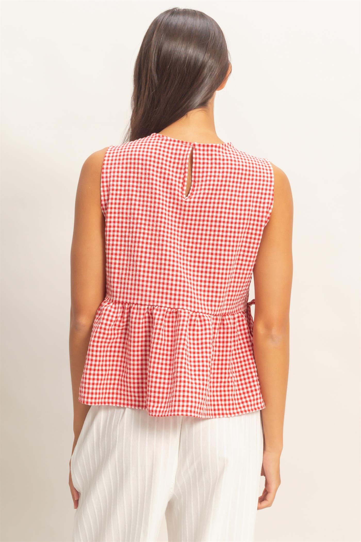 Wholesale Gingham Sleeveless Peplum Top With Side Ties Blouses DZ26C073 RED HYFVE