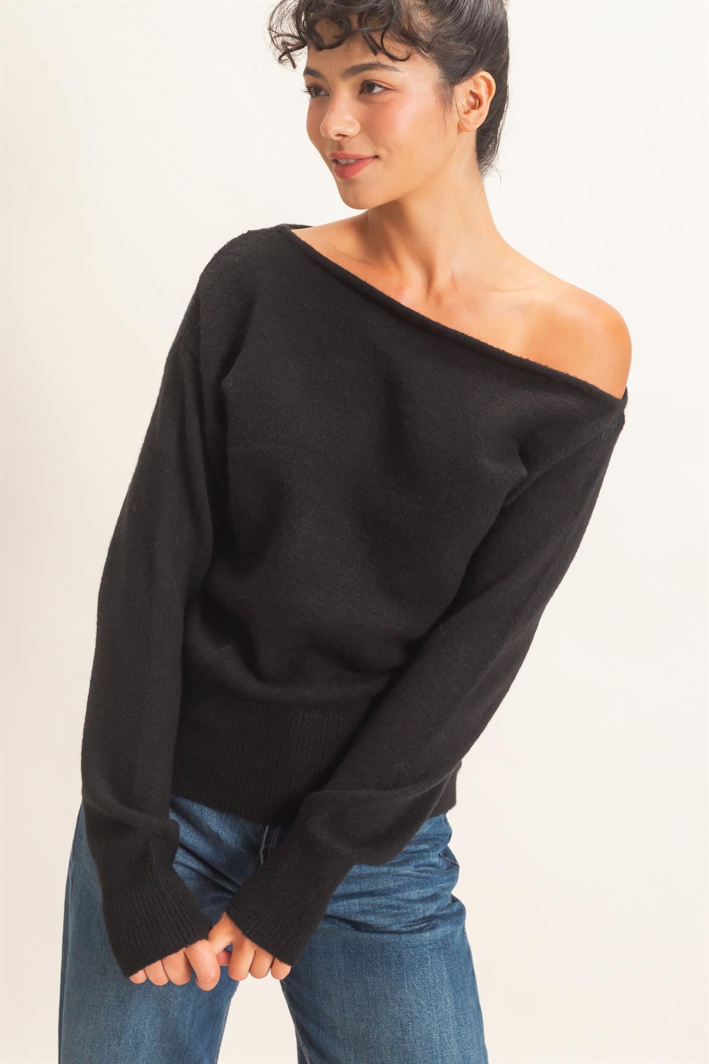 Wholesale Off The Shoulder Sweater Top Sweaters DZ26F290 BLACK DOUBLE ZERO