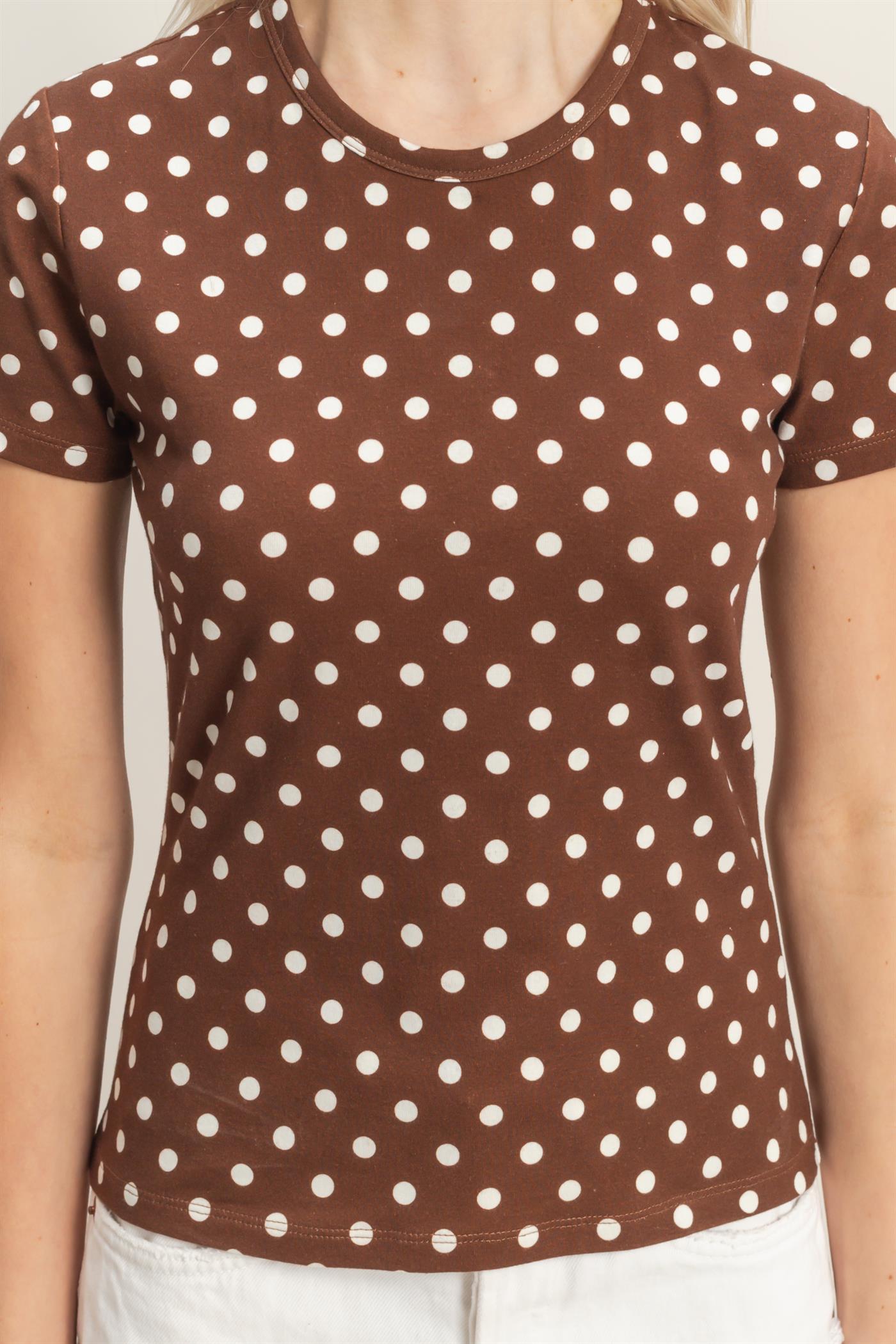 Wholesale Polka Dot Short Sleeve Crew Neck Top Clothing Tops DZ26C383 BROWN DOUBLE ZERO