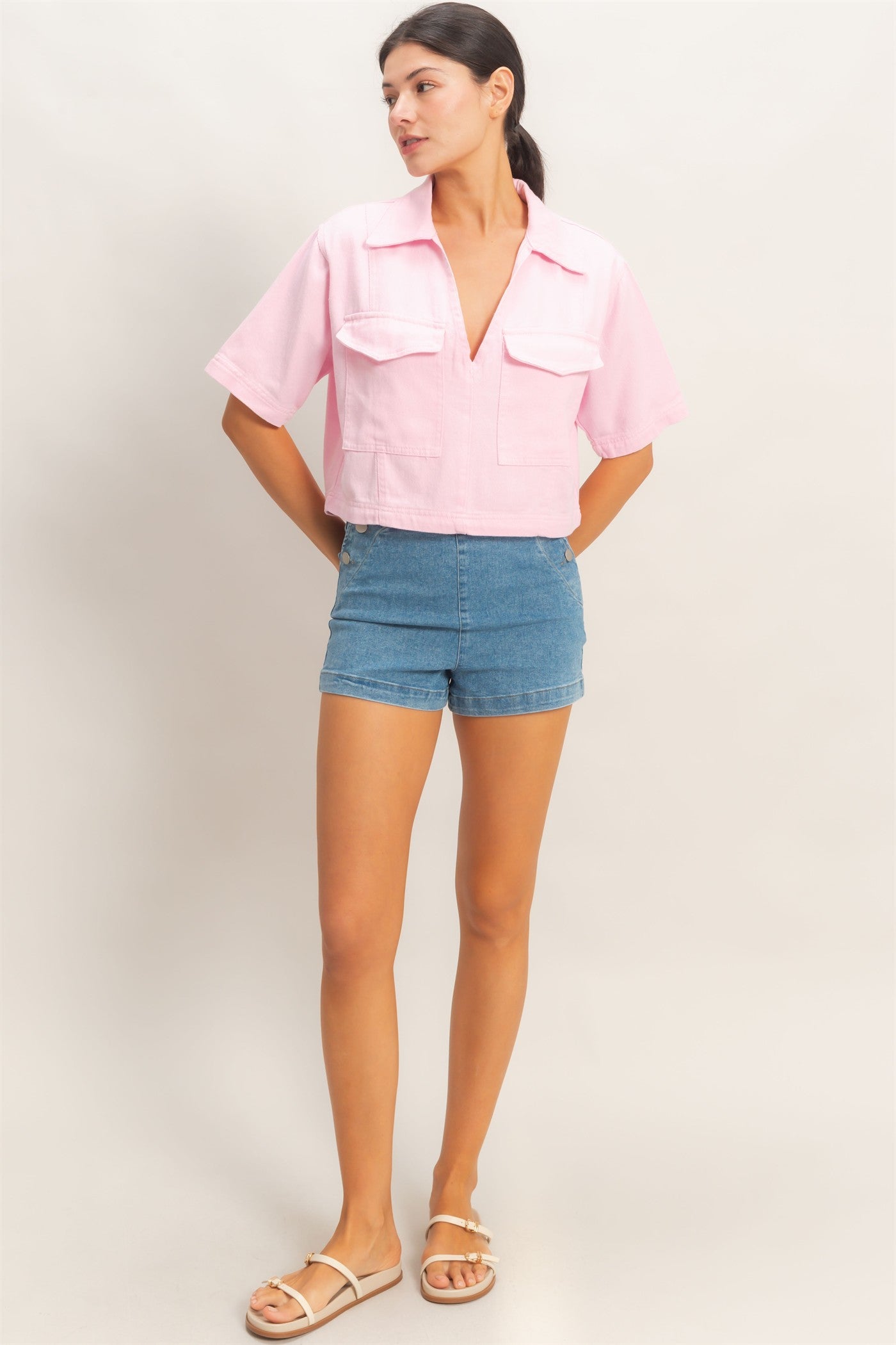 Wholesale Collared V-Neck Top Clothing Tops HF26E444 LIGHT PINK HYFVE