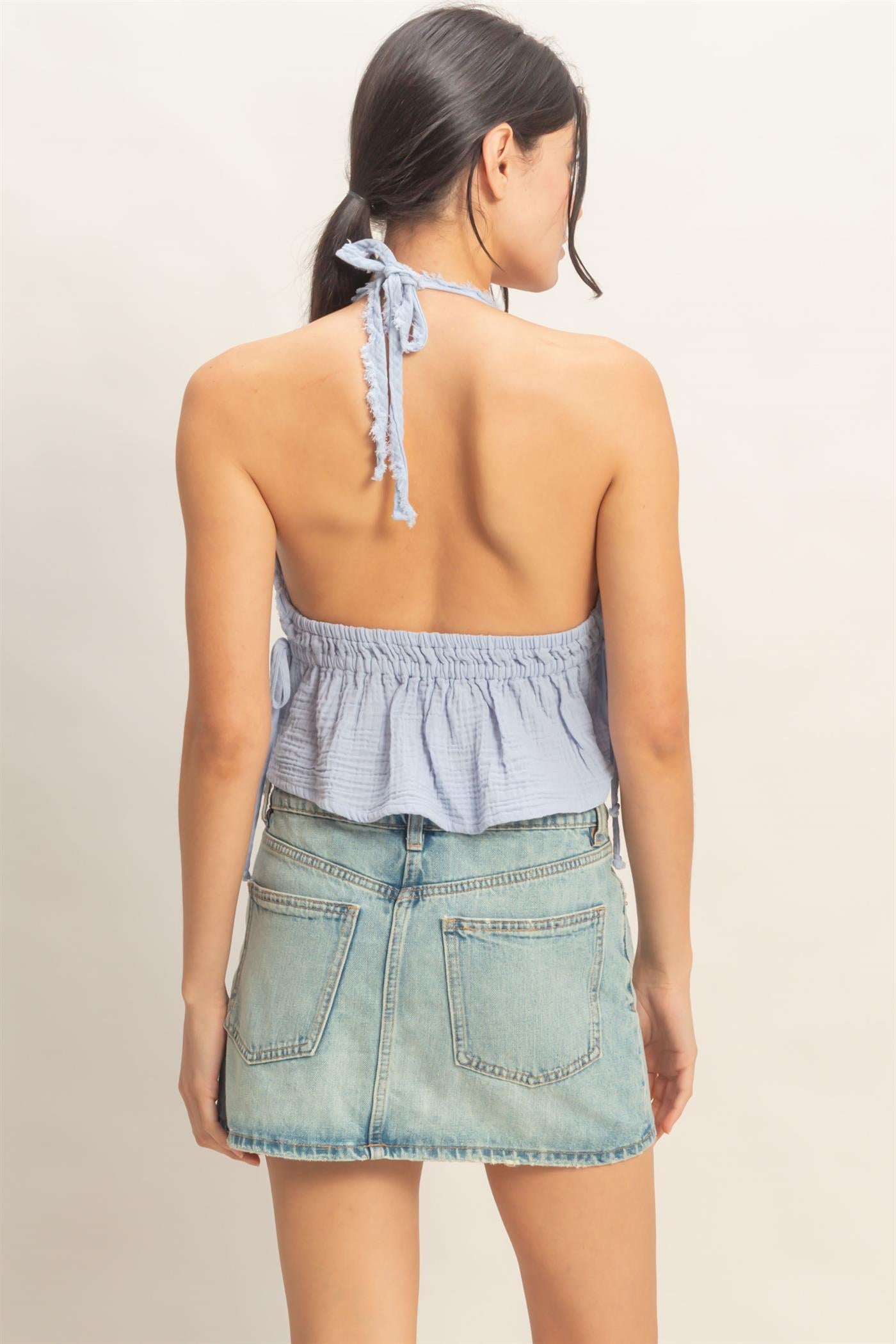 Wholesale Textured Halter Tie Waist Top Clothing Tops HF26C027 DUSTY BLUE HYFVE