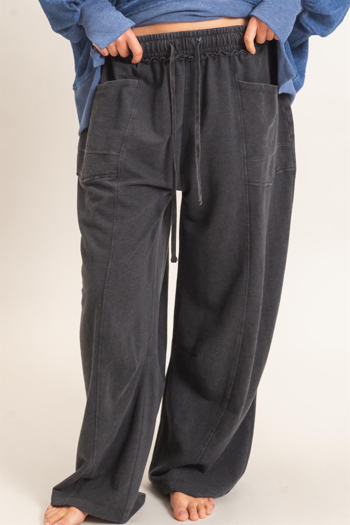 Wholesale Mineral Washed Barrel Sweatpants Pants DZ26F246 BLACK DOUBLE ZERO