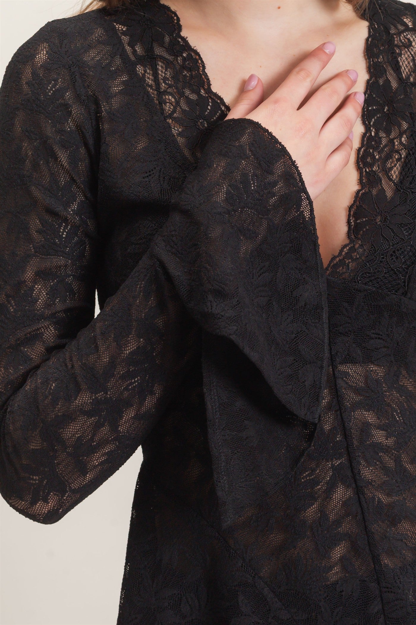Wholesale Lace V-Neck Flare Sleeve Top Clothing Tops HF26E359 BLACK HYFVE