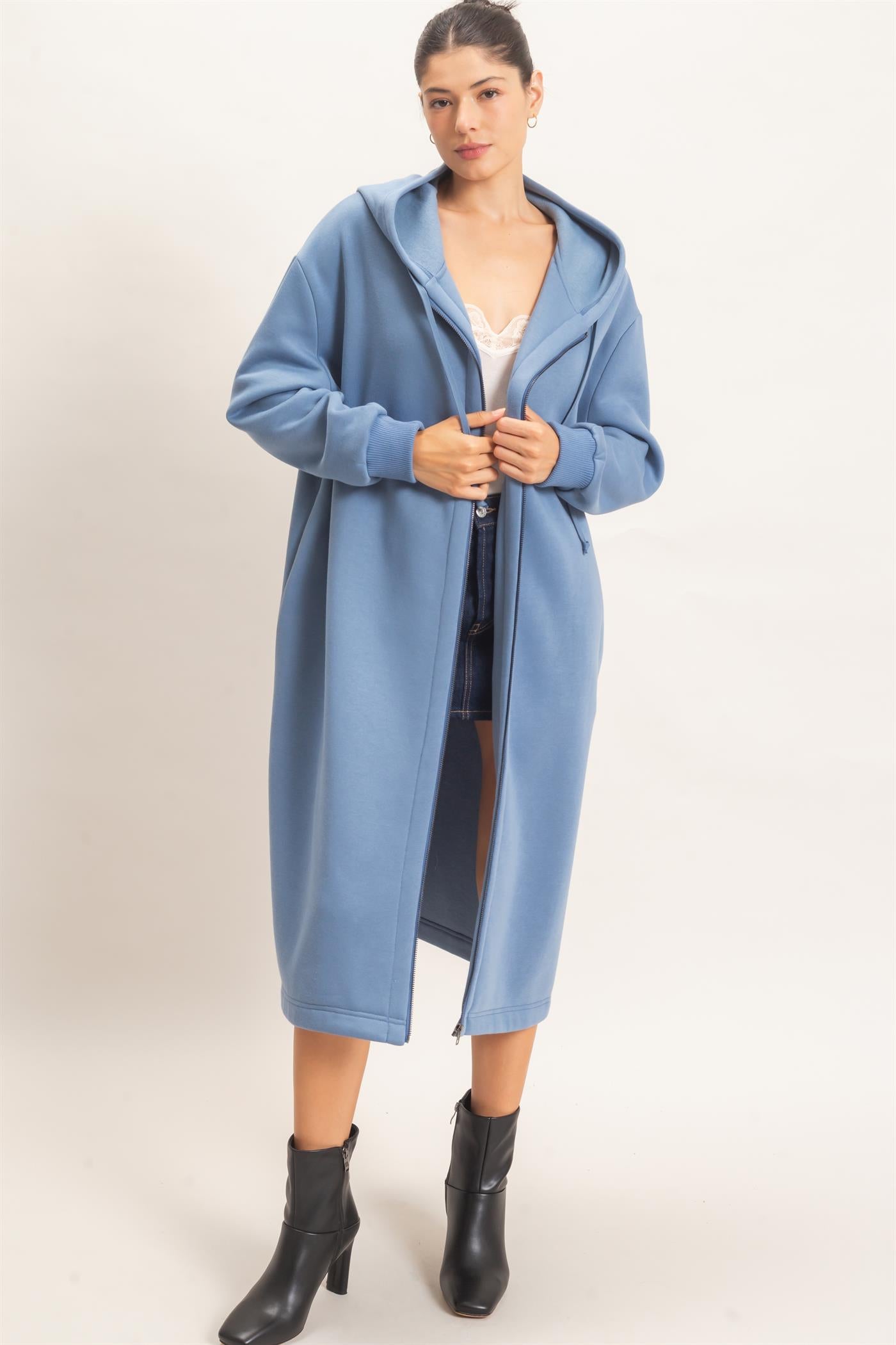 Wholesale Oversized Longline Zip-Up Hoodie Jacket Outerwear HF26E650 DENIM BLUE HYFVE