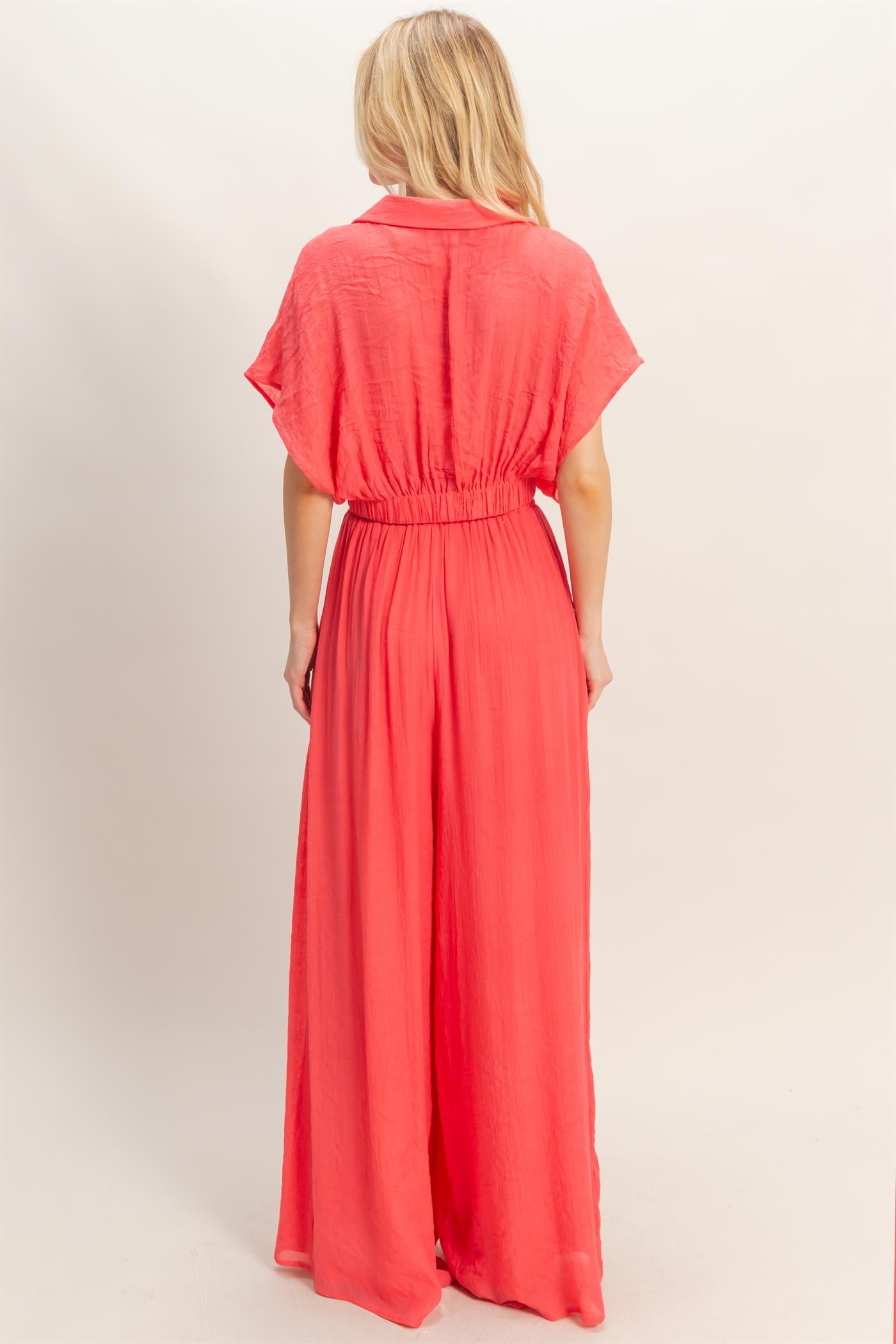 Wholesale Collared Wrap Top & Wide-Leg Pants Set Clothing HF26C286-SET-D CORAL RED HYFVE