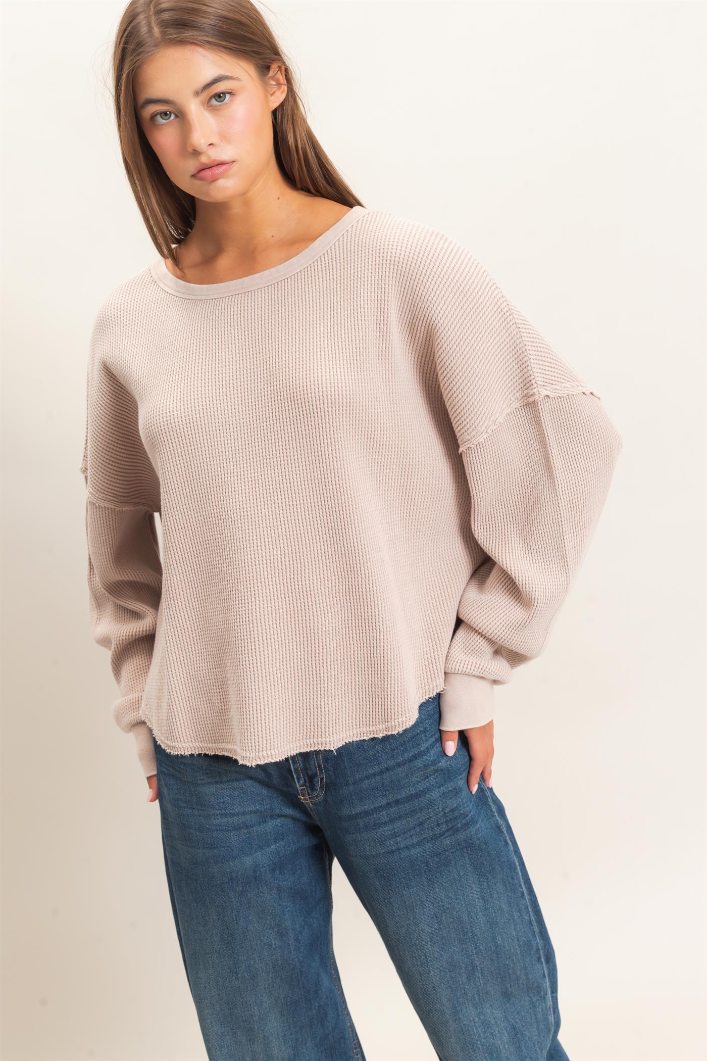 Wholesale Mineral Wash Waffle Oversized Top Clothing Tops DZ26E248 LIGHT TAUPE DOUBLE ZERO