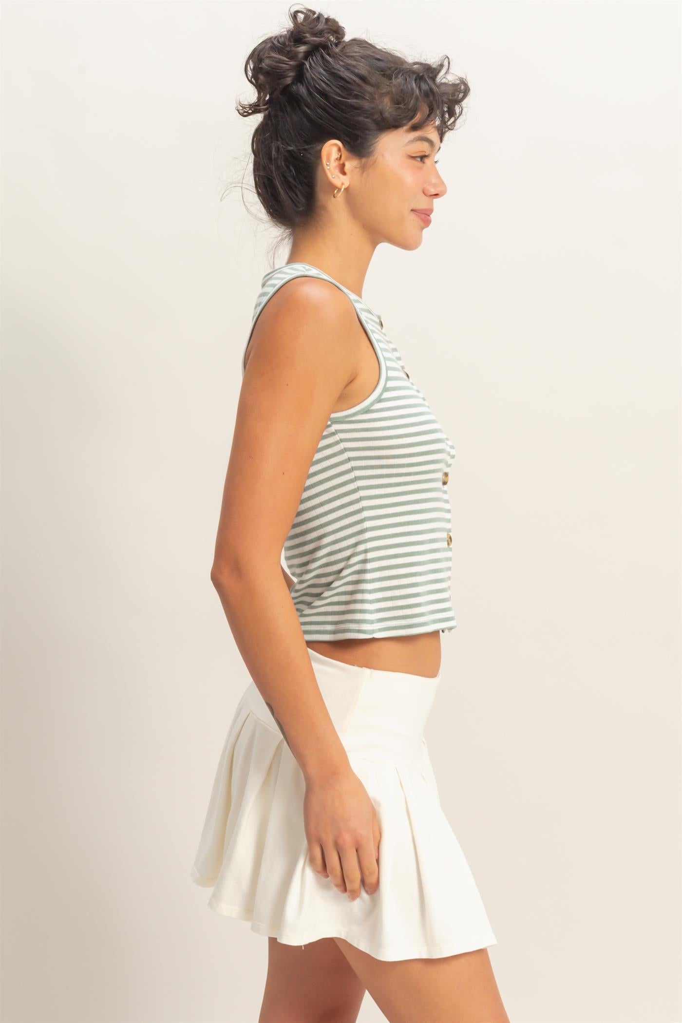 Wholesale Striped Button-Front Crew Neck Sleeveless Top Clothing Tops DZ26C075 SAGE GREEN DOUBLE ZERO