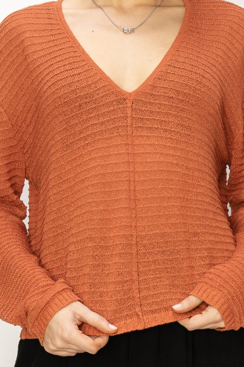 Wholesale V Neck Dropped Shoulder Sweater Clothing Tops DZ24A559 BAKED CLAY DOUBLE ZERO