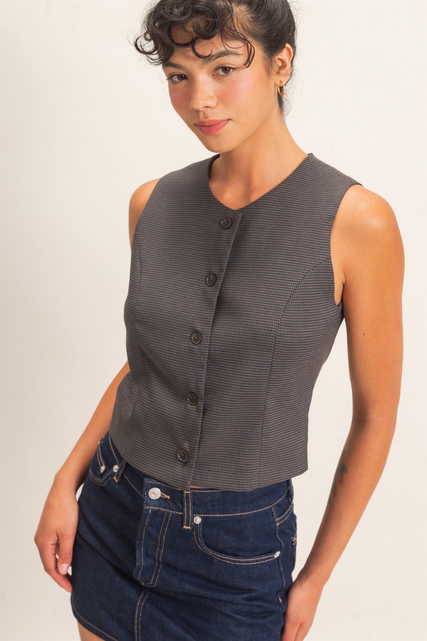 Wholesale Houndstooth Buttoned Vest Clothing Tops DZ26E386 GRAY DOUBLE ZERO