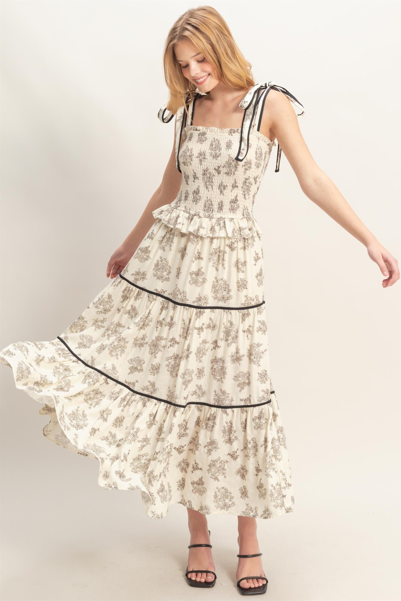 Wholesale Floral Tiered Sundress Dresses HF26A492-D BLACK HYFVE