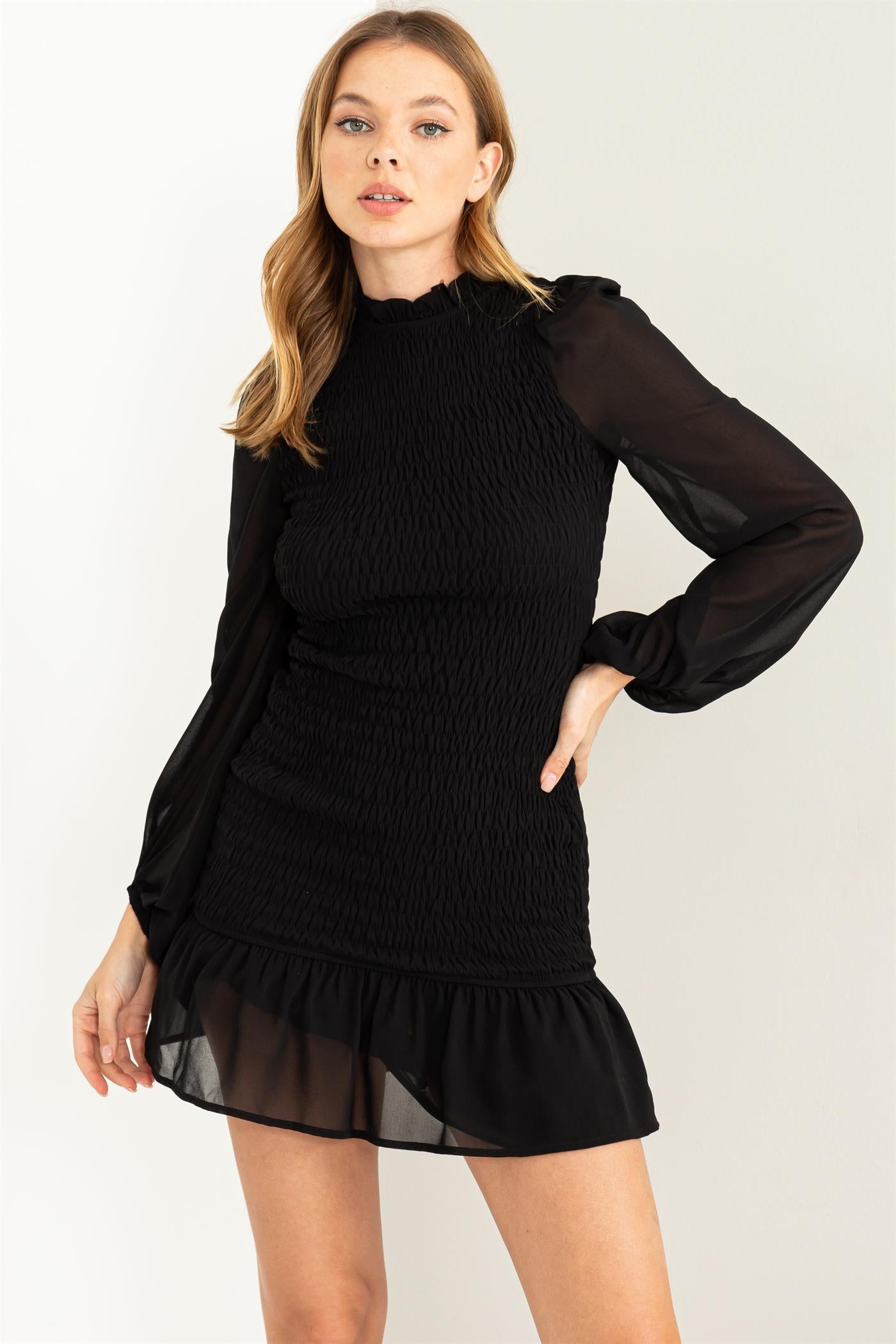 Wholesale Smocked Ruffled Mini Dress Dresses HF23G430 BLACK HYFVE