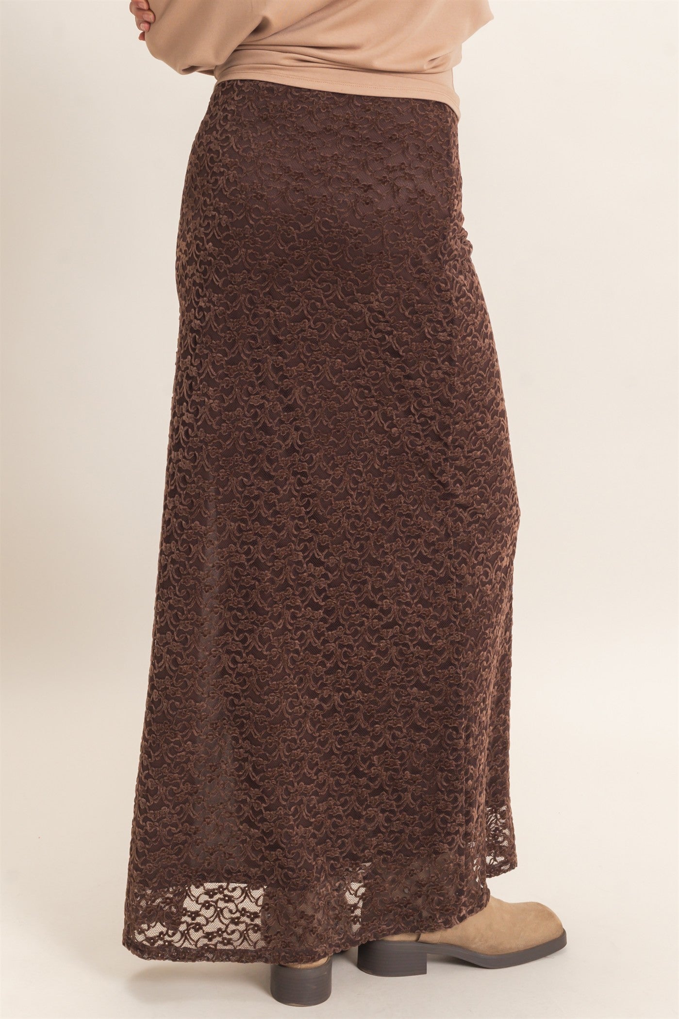 Wholesale Velvet Lace Maxi Skirt Skirts HF26E702 CHOCOLATE HYFVE