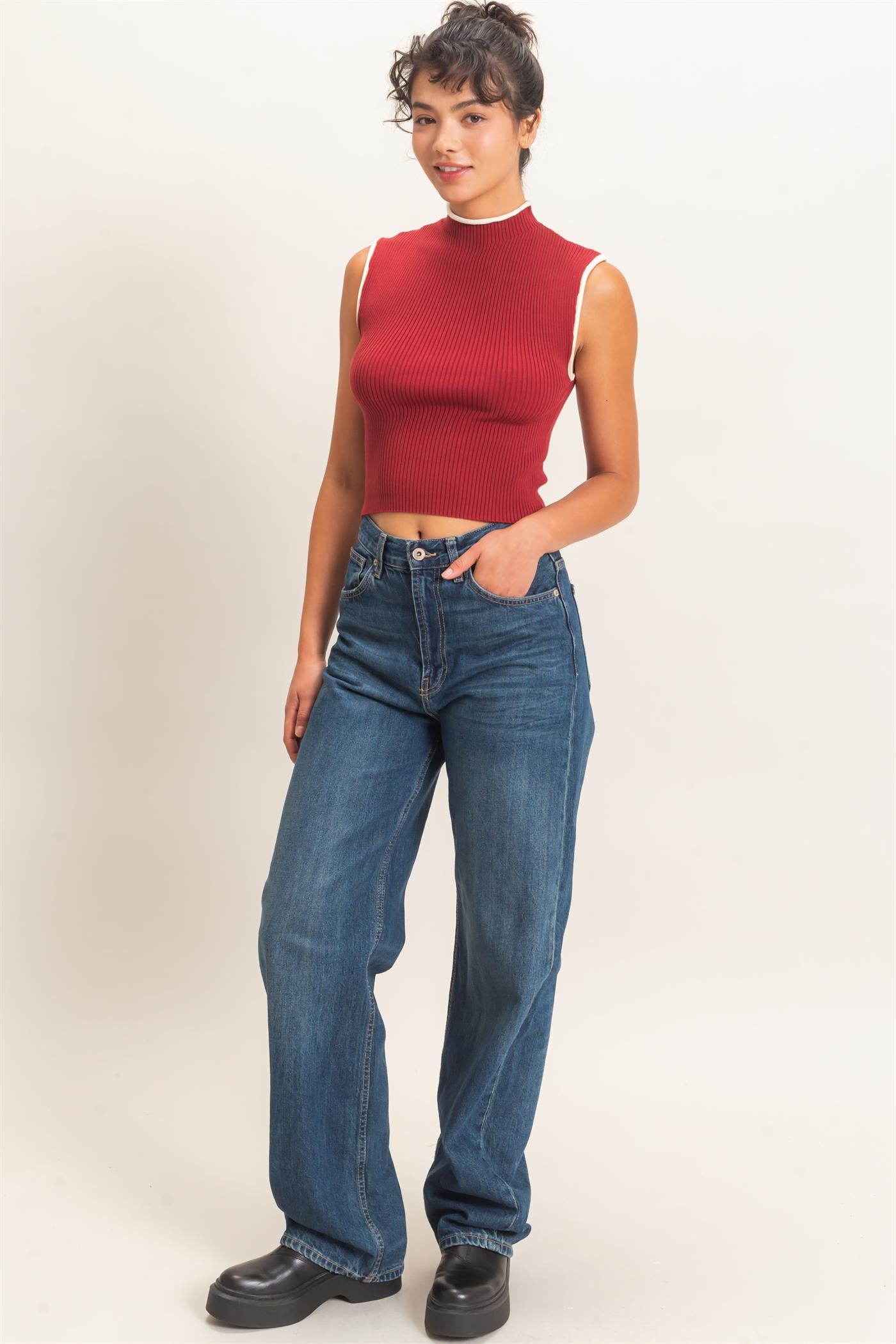 Wholesale Ribbed Mock Neck Sleeveless Top Clothing Tops DZ26E777 DARK RED DOUBLE ZERO