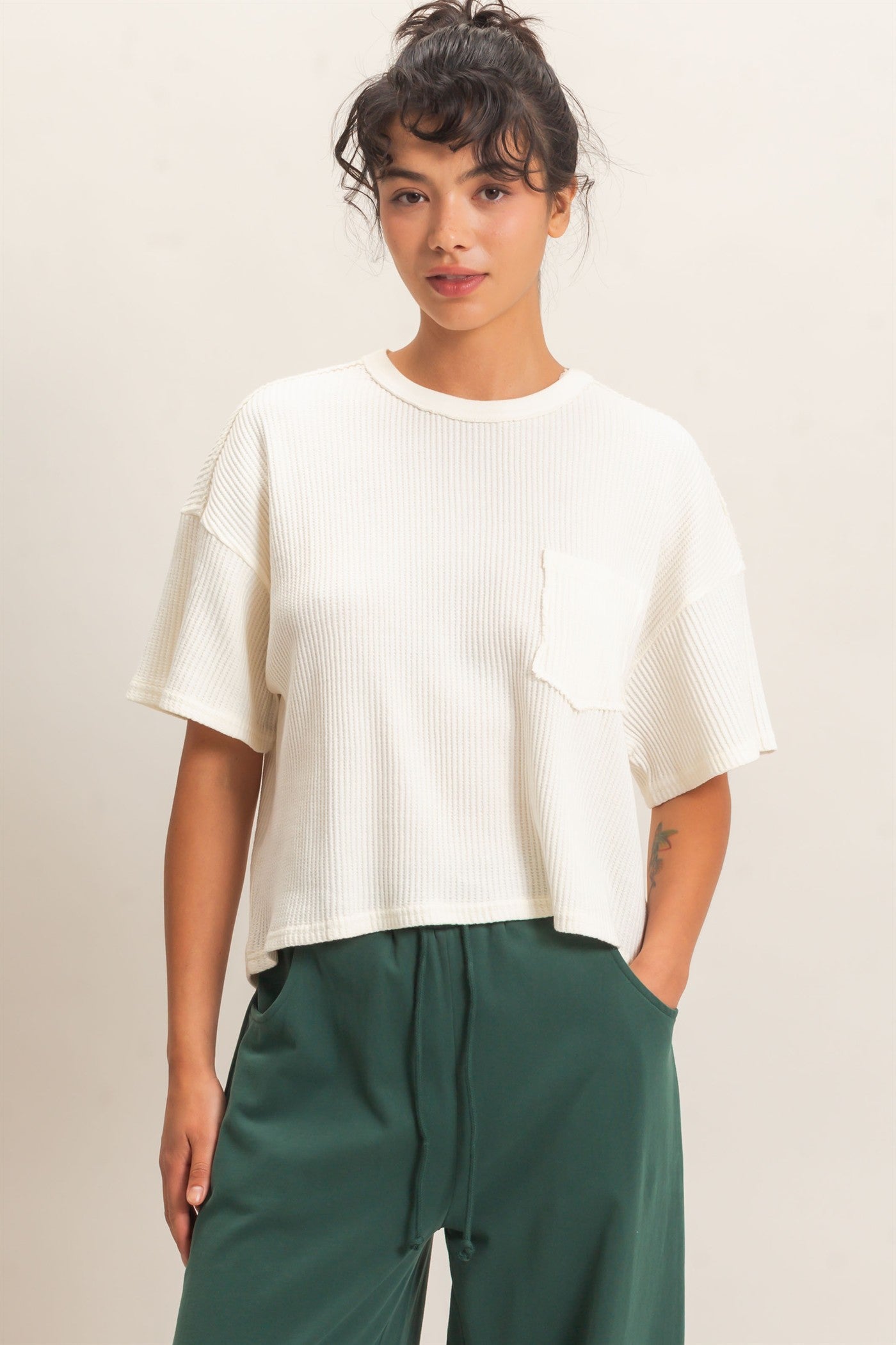 Wholesale Mineral Wash Waffle Knit Pocket Top Clothing Tops DZ26E222 CREAM DOUBLE ZERO