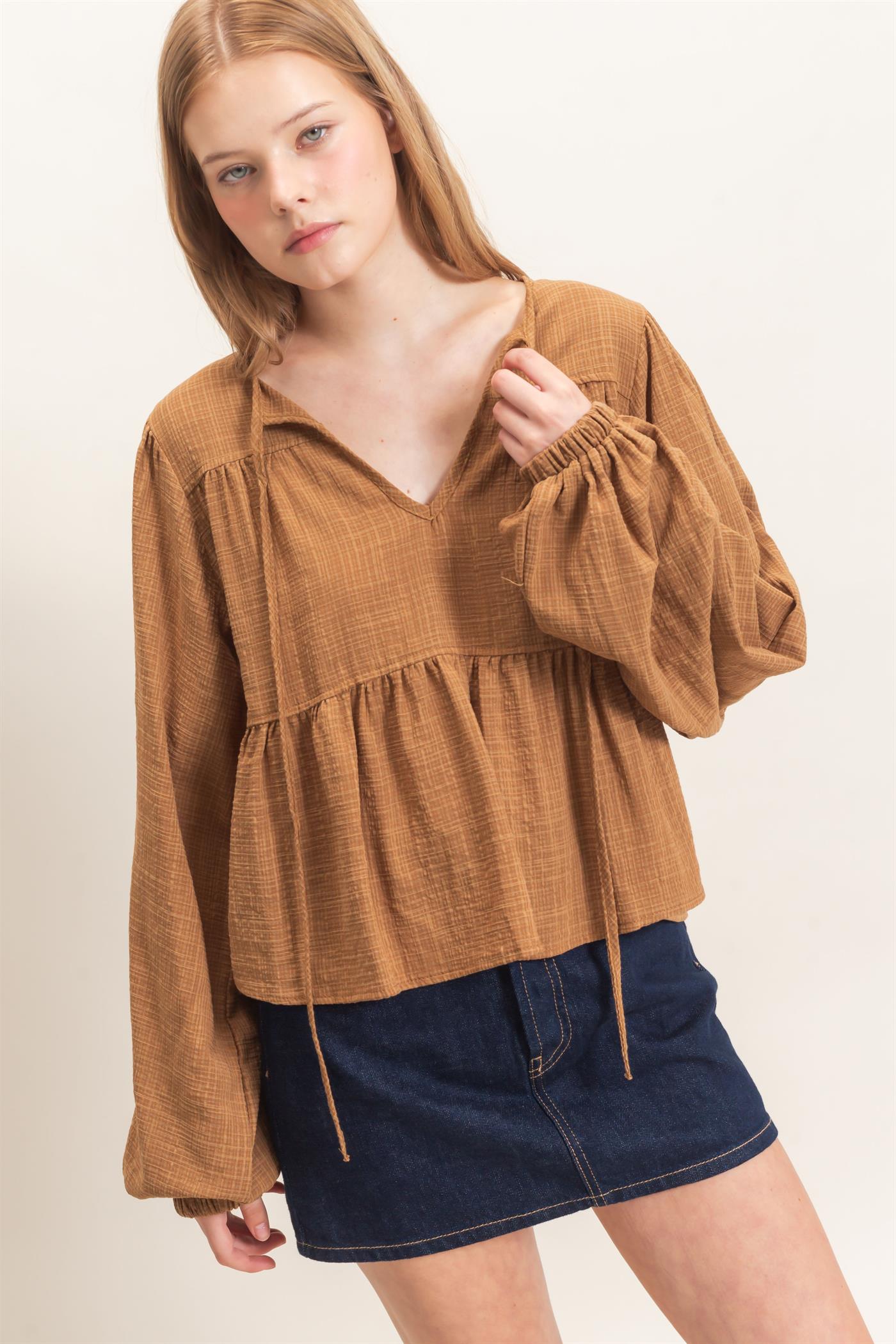 Wholesale Tie Front Peplum Blouse Blouses HF26F065 BROWN HYFVE